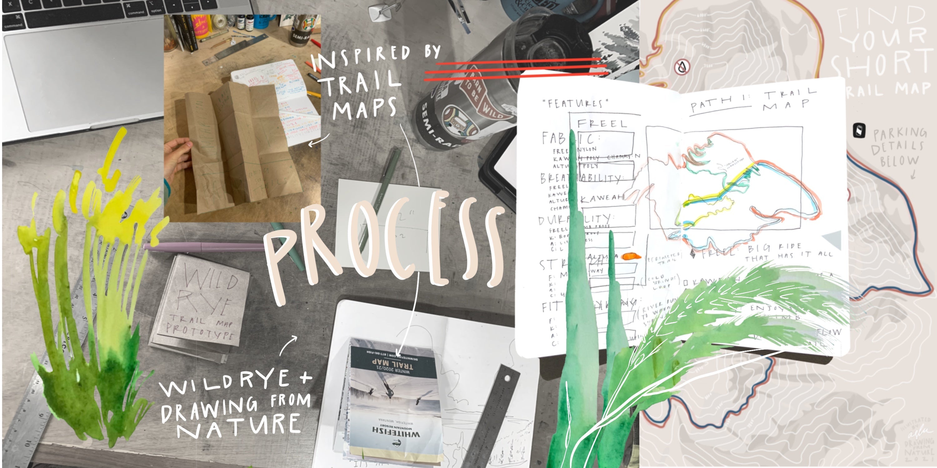 Collage of sketches, trail maps, and notes illustrating Andrea Slusarski's creative process inspired by trail maps.
