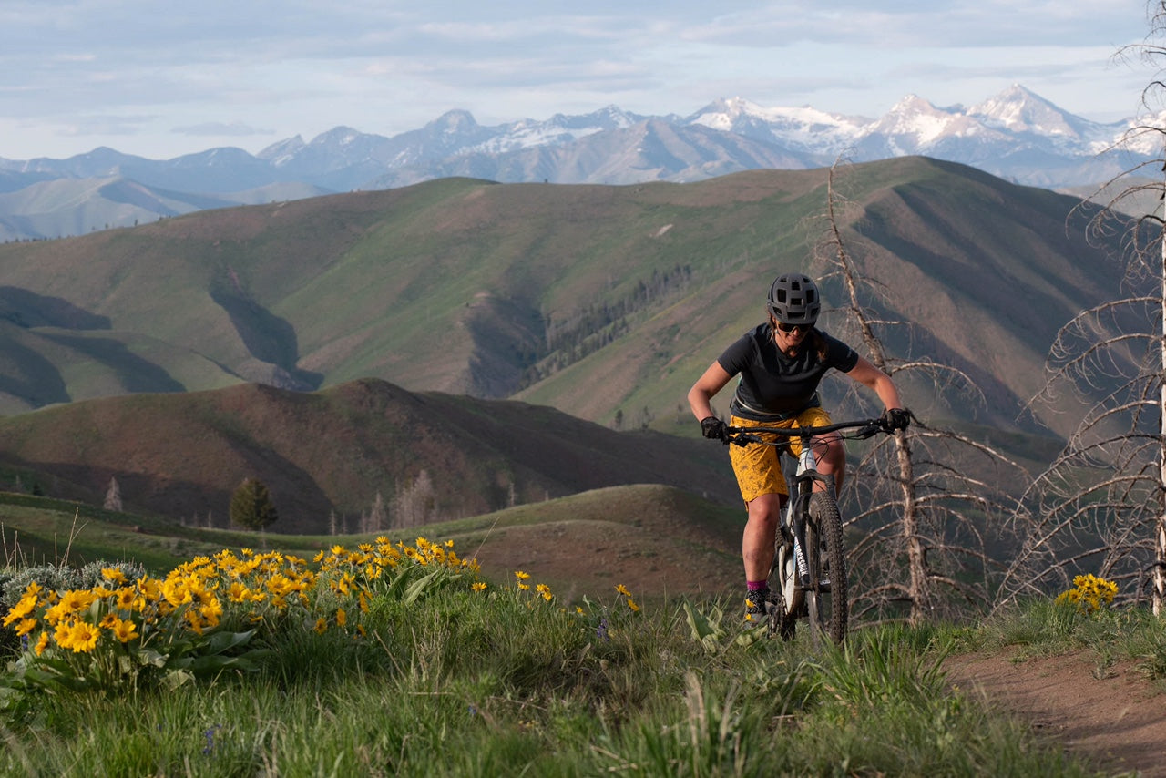 A mountain biker navigating a trail with yellow flowers and mountains in the background.