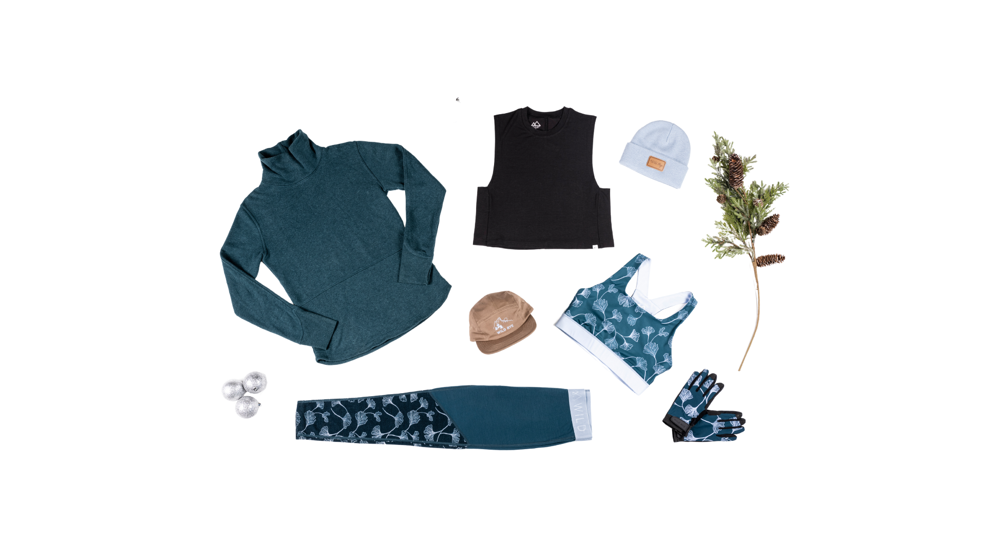 A selection of outdoor apparel and accessories including a teal top, black tank, gloves, and hats.