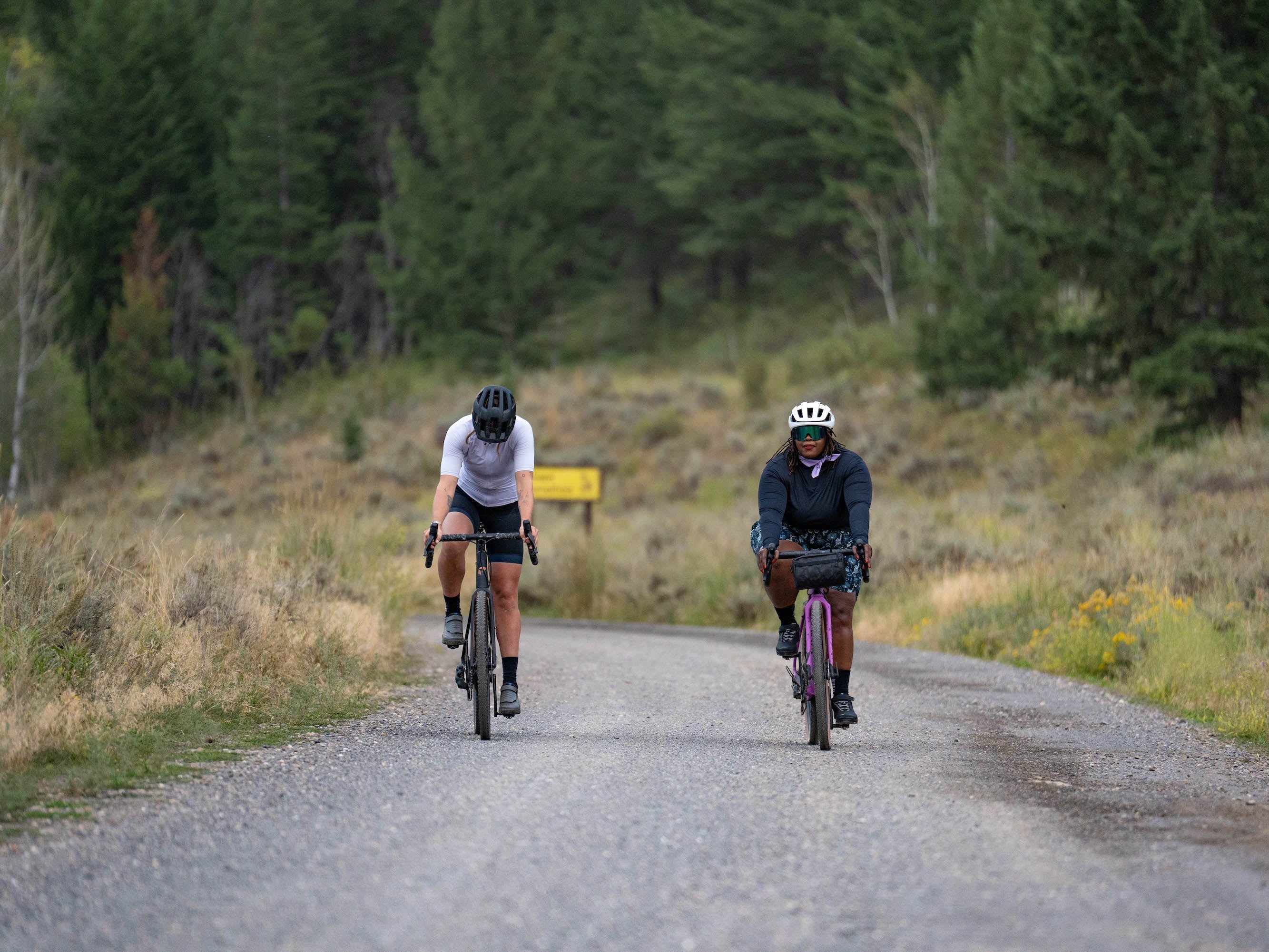 Two cyclists riding on a gravel road surrounded by trees