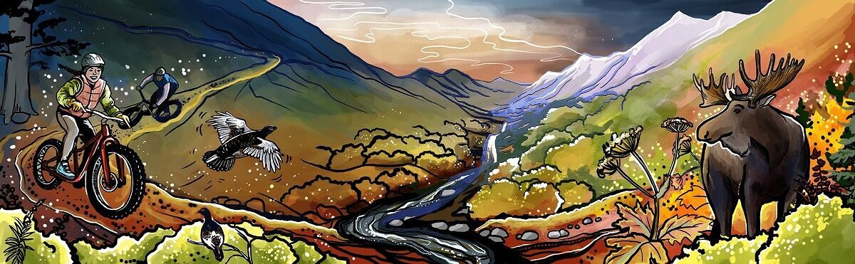 Illustration of a woman biking through a colorful landscape with wildlife and mountains