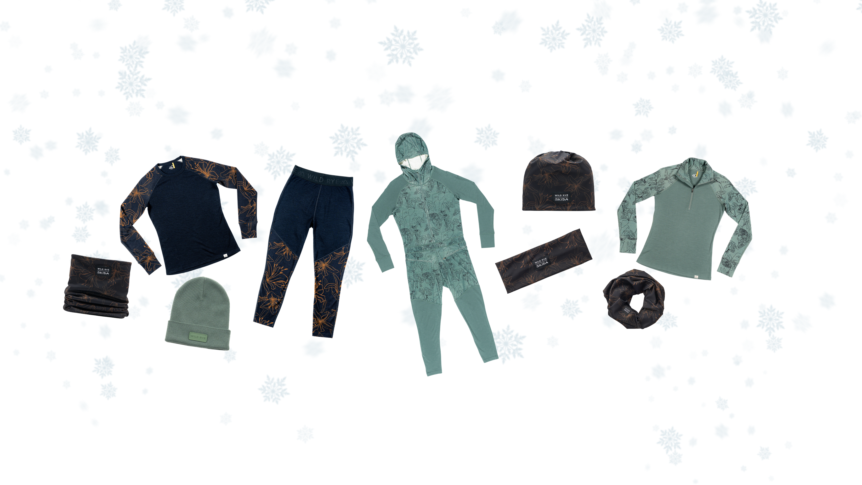 Winter apparel collection for skiers including tops, bottoms, and accessories