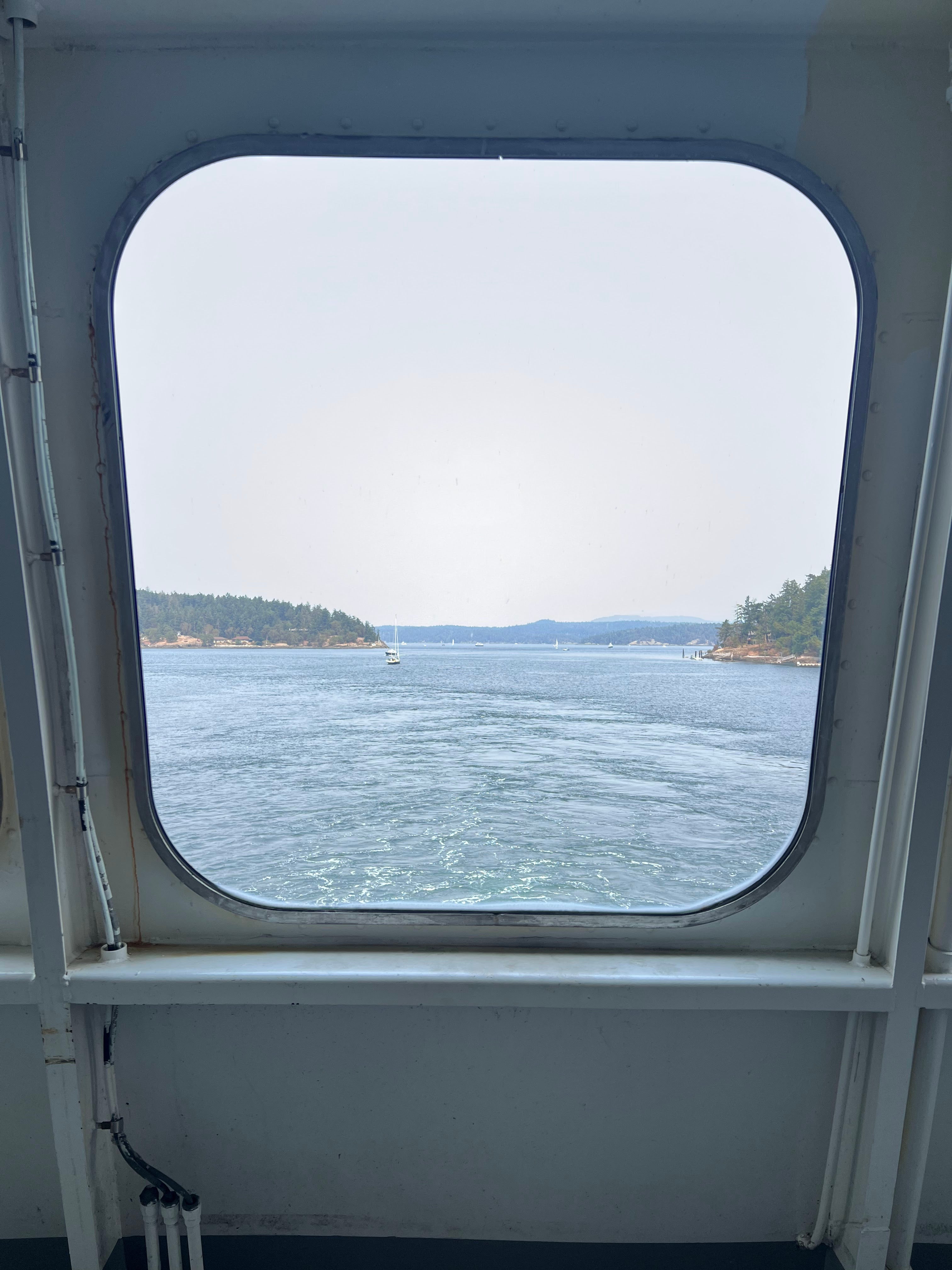 View from a ferry showing water and islands