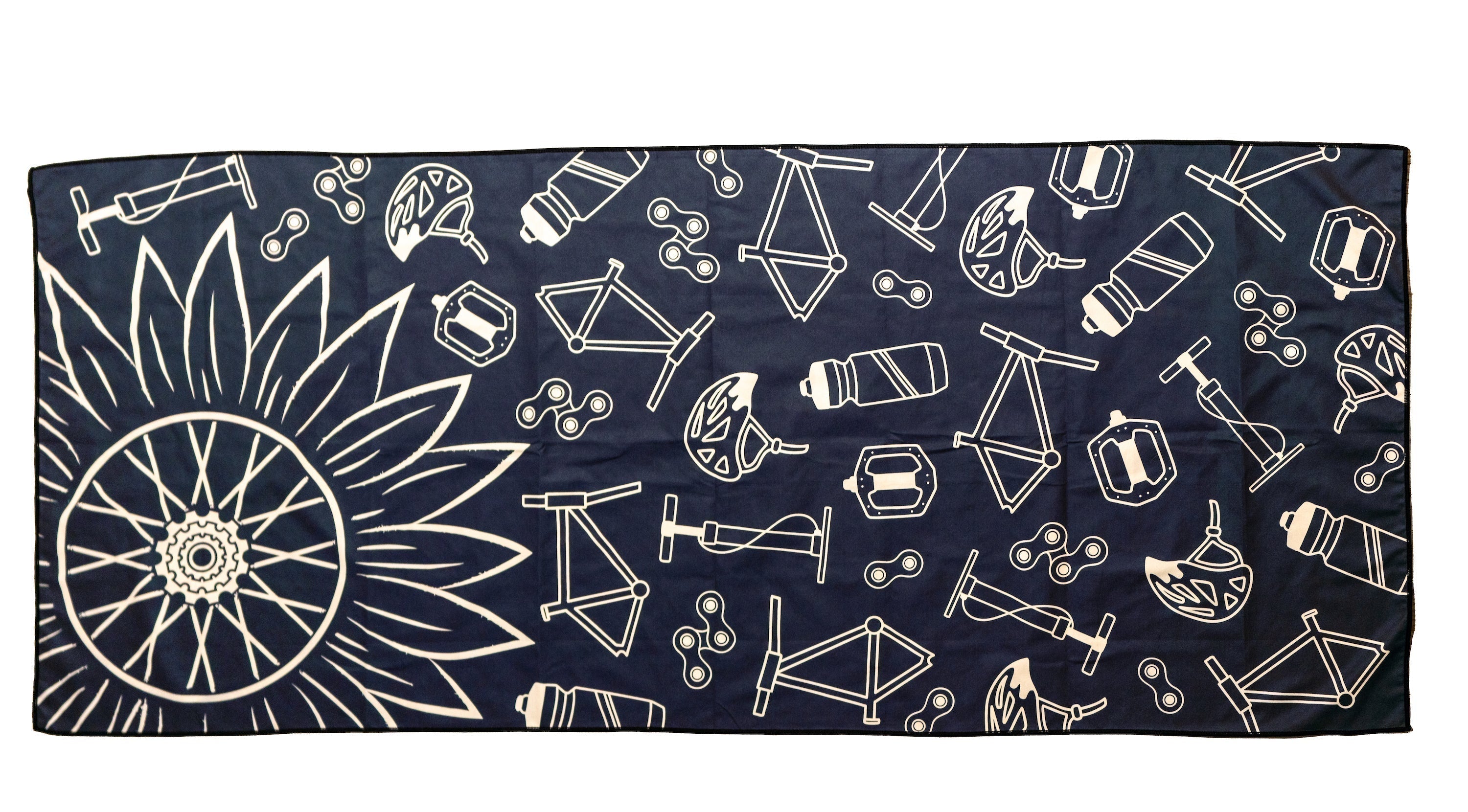 A patterned fabric featuring bicycle-related graphics, including wheels, helmets, and water bottles.