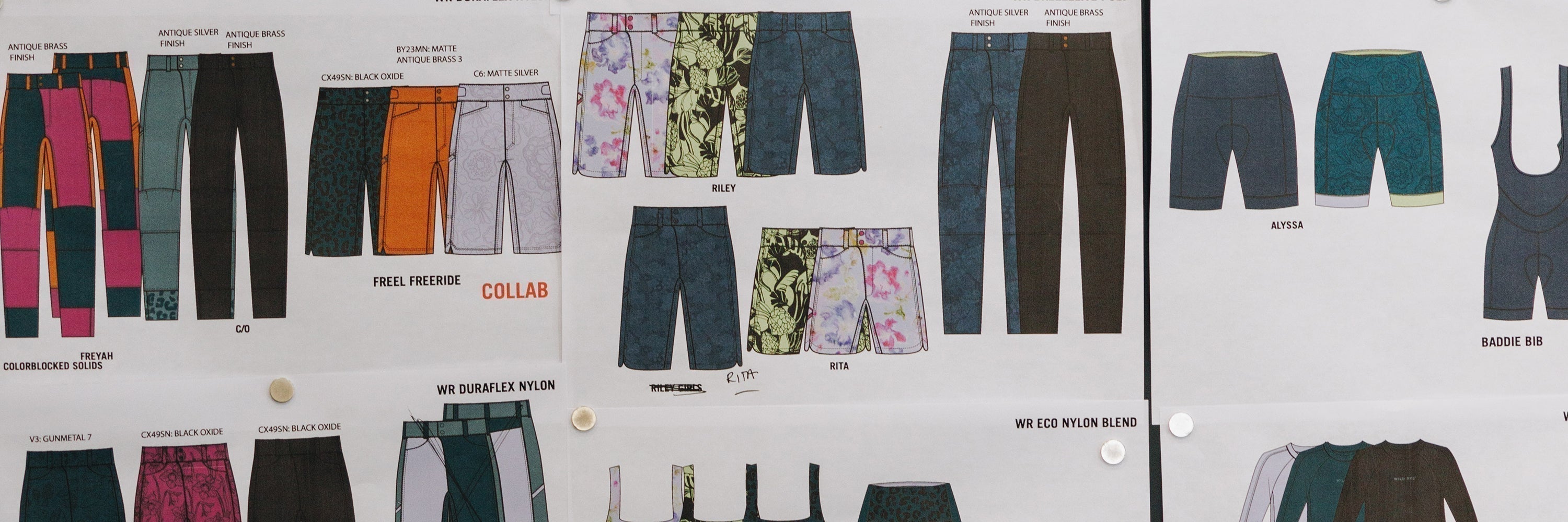 Design sketches of bike shorts and apparel for Wild Rye