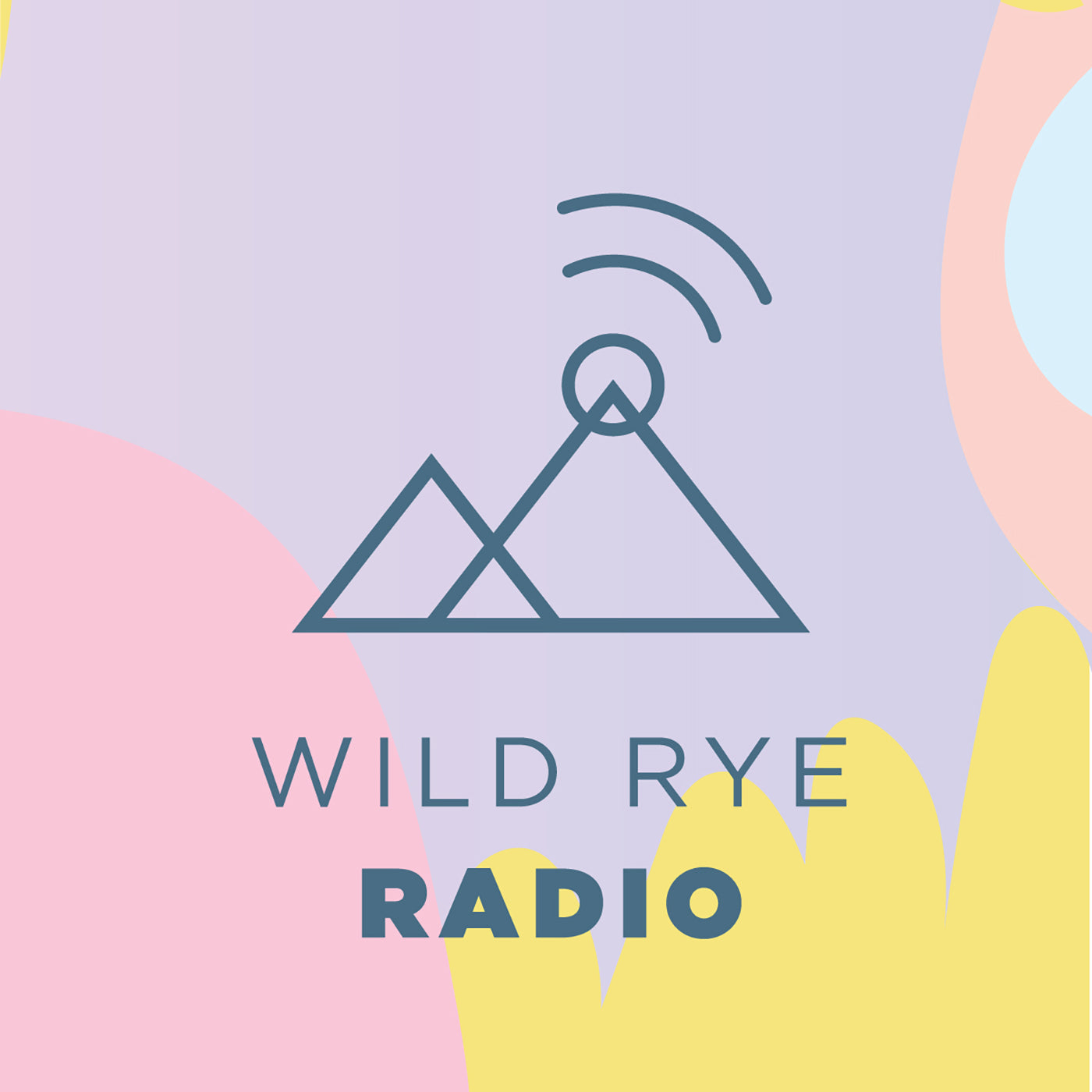 Logo for Wild Rye Radio featuring mountains and radio waves