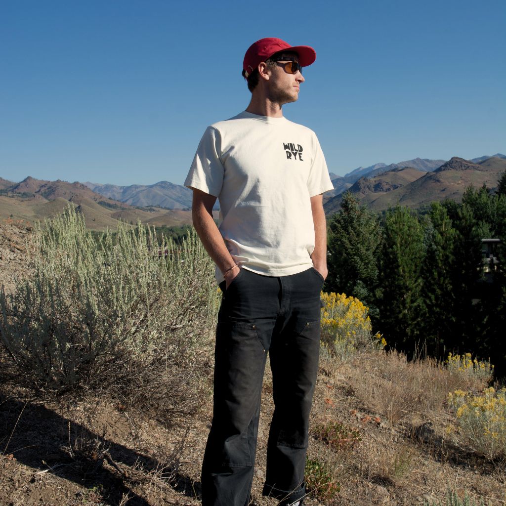 Person standing in a mountainous landscape wearing a beige t-shirt and red hat.