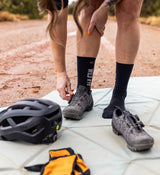 Wild Rye Bike Sock Worn Getting Ready For Bike Ride