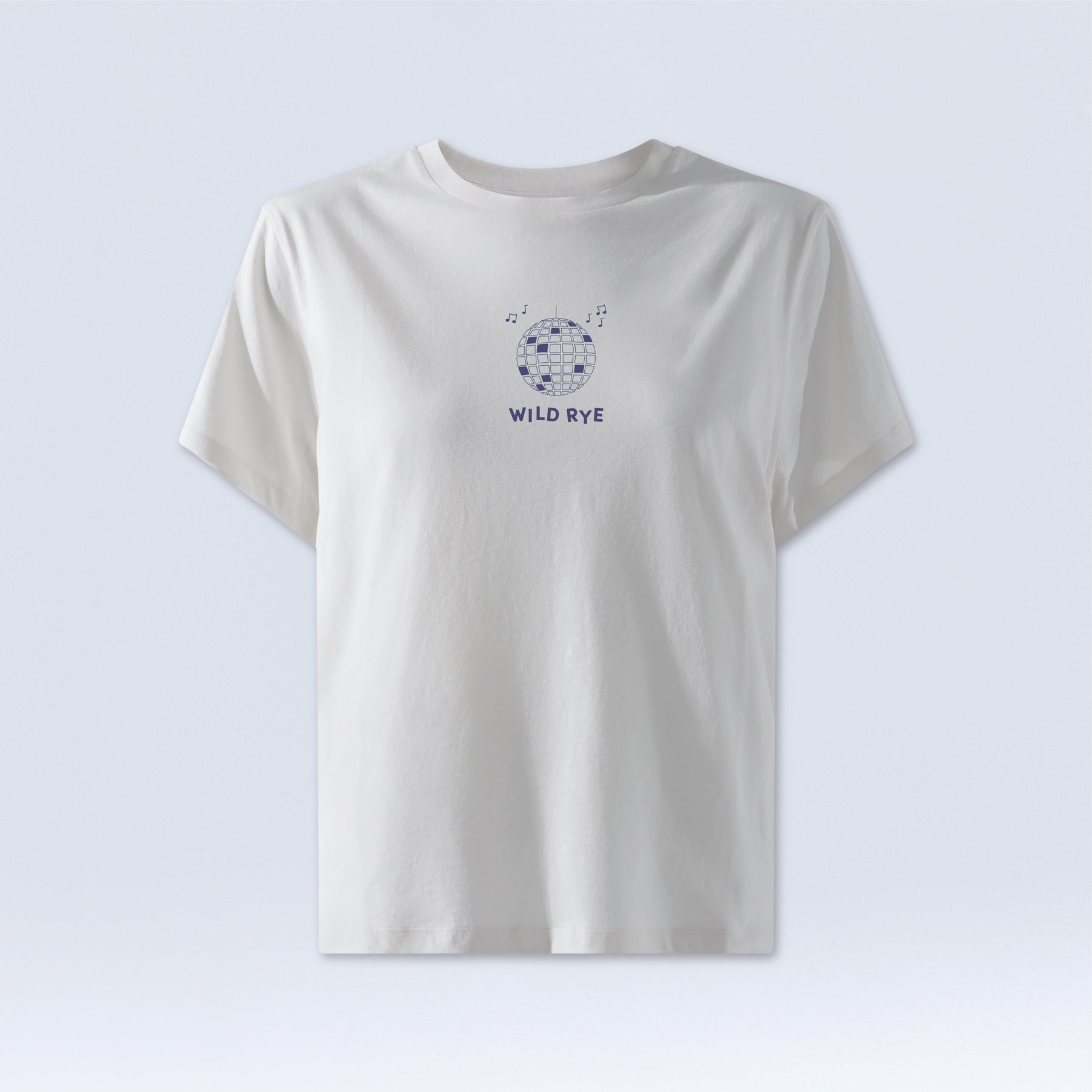 White t-shirt with 'WILD RYE' logo on a light gray background