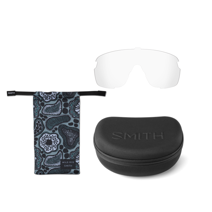 Smith x Wild Rye sunglasses accessories: clear lenses, soft case, and hard case