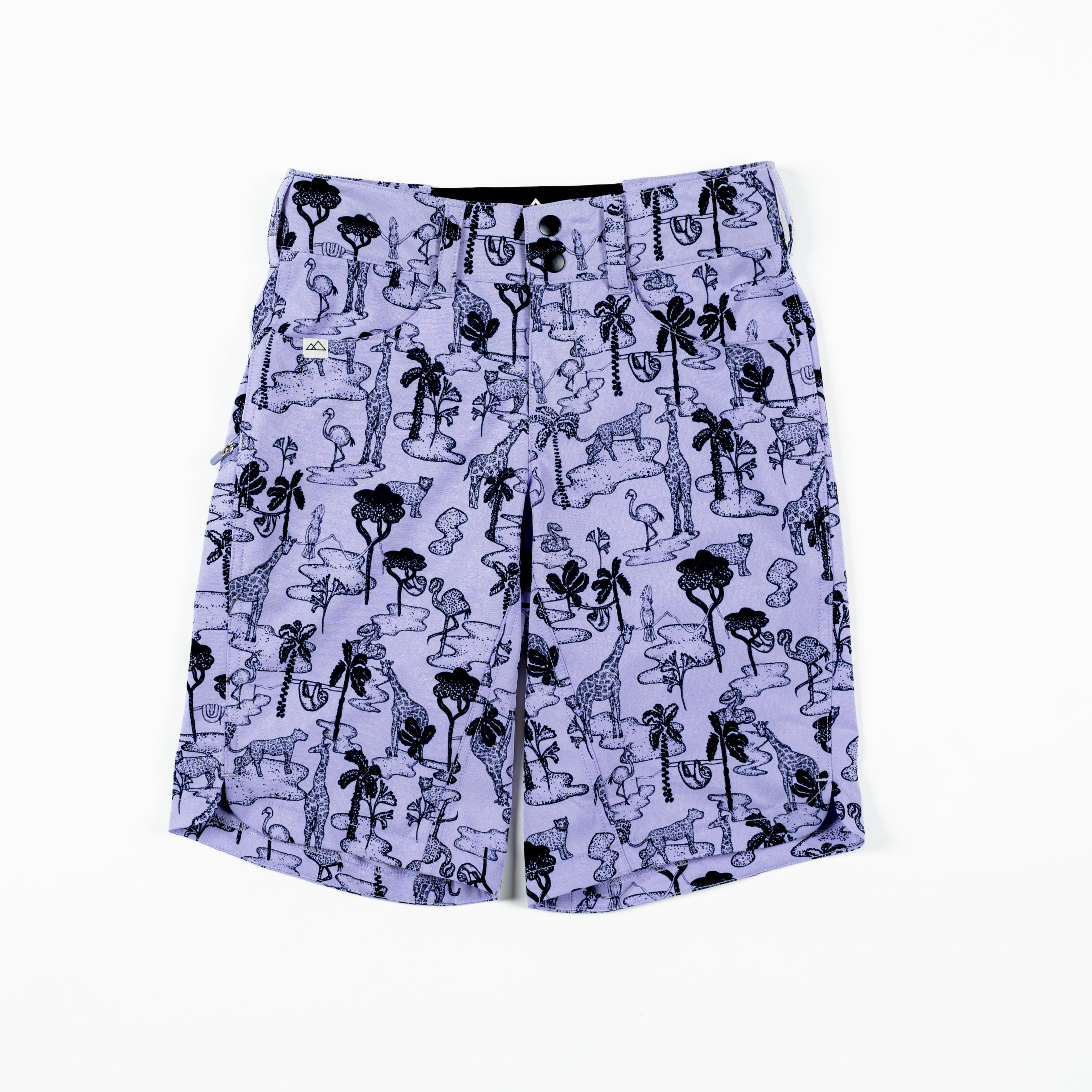 Riley Lightweight Girls Bike Short in Jungle Creatures design, featuring a flatlay view