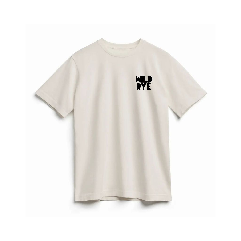 Front view of beige t-shirt with 'WILD RYE' text in folk art inspired lettering