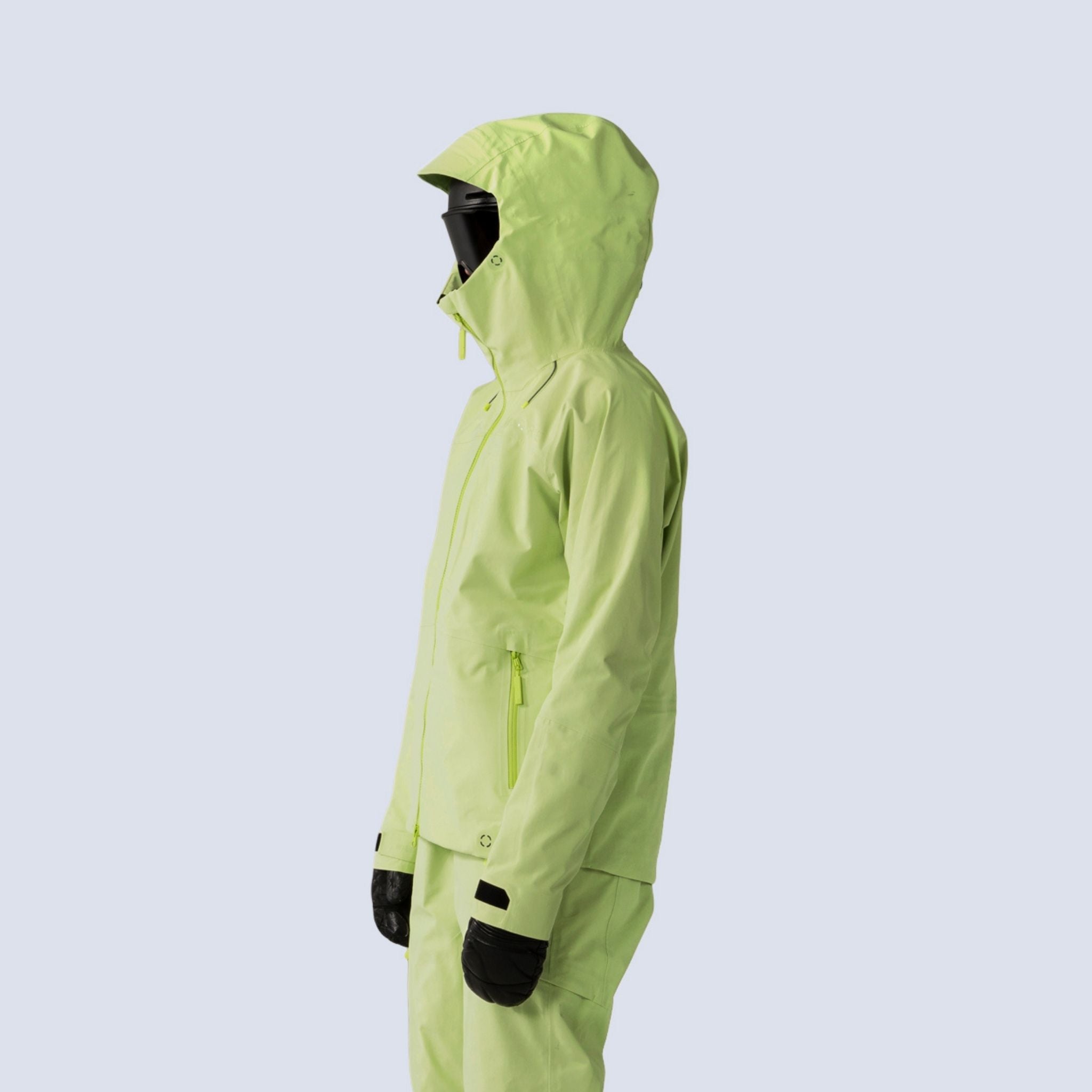 [Iced Matcha] Butterfield 3L jacket in iced matcha, on model 3/4 view with hood up