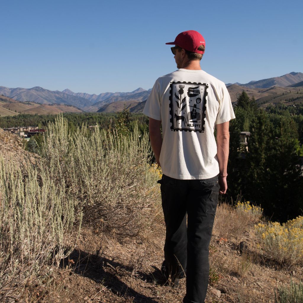 Person wearing a white t-shirt with a black graphic design, standing in a mountainous landscape facing away from the camera