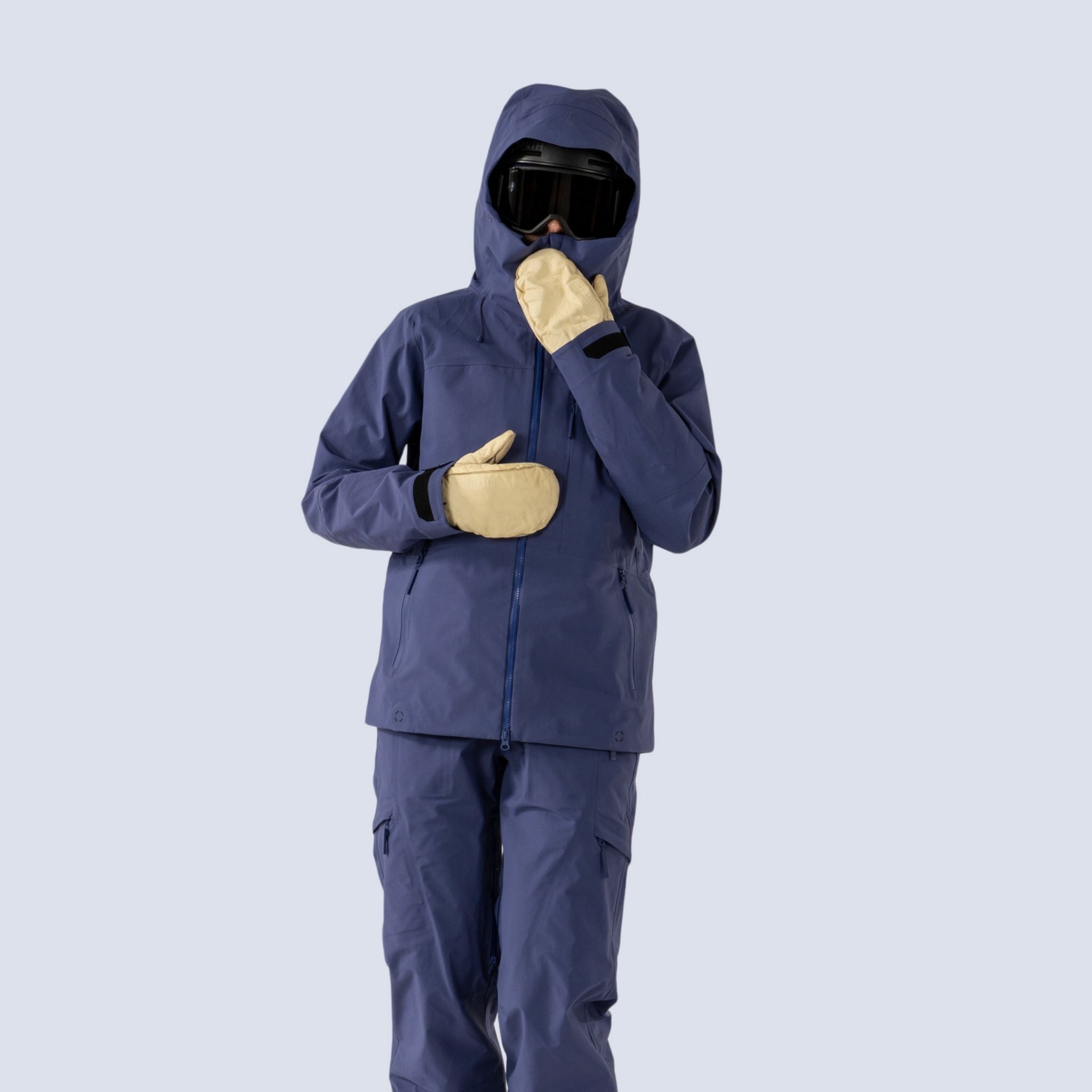 [Storm] Butterfield 3L jacket in storm blue, on model with storm hood up