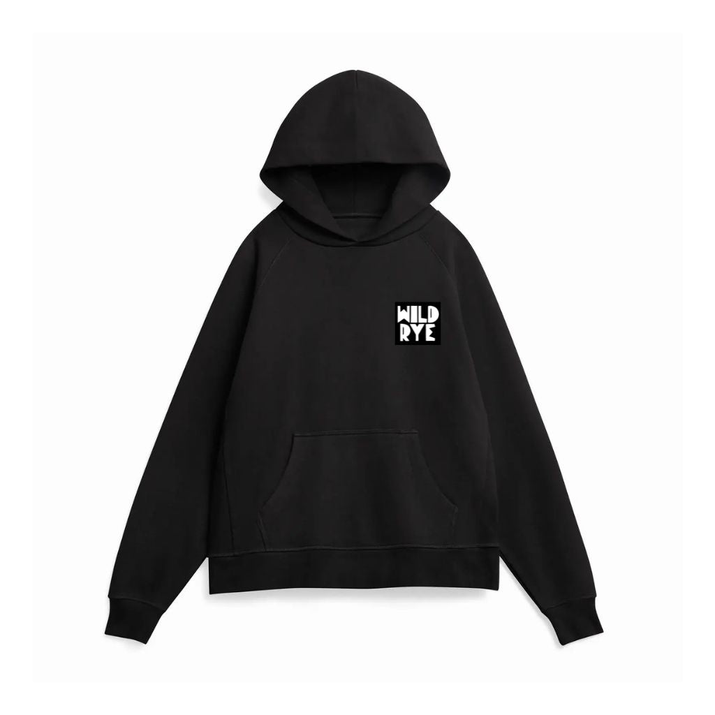Black hoodie with a small Wild Rye logo on the chest 