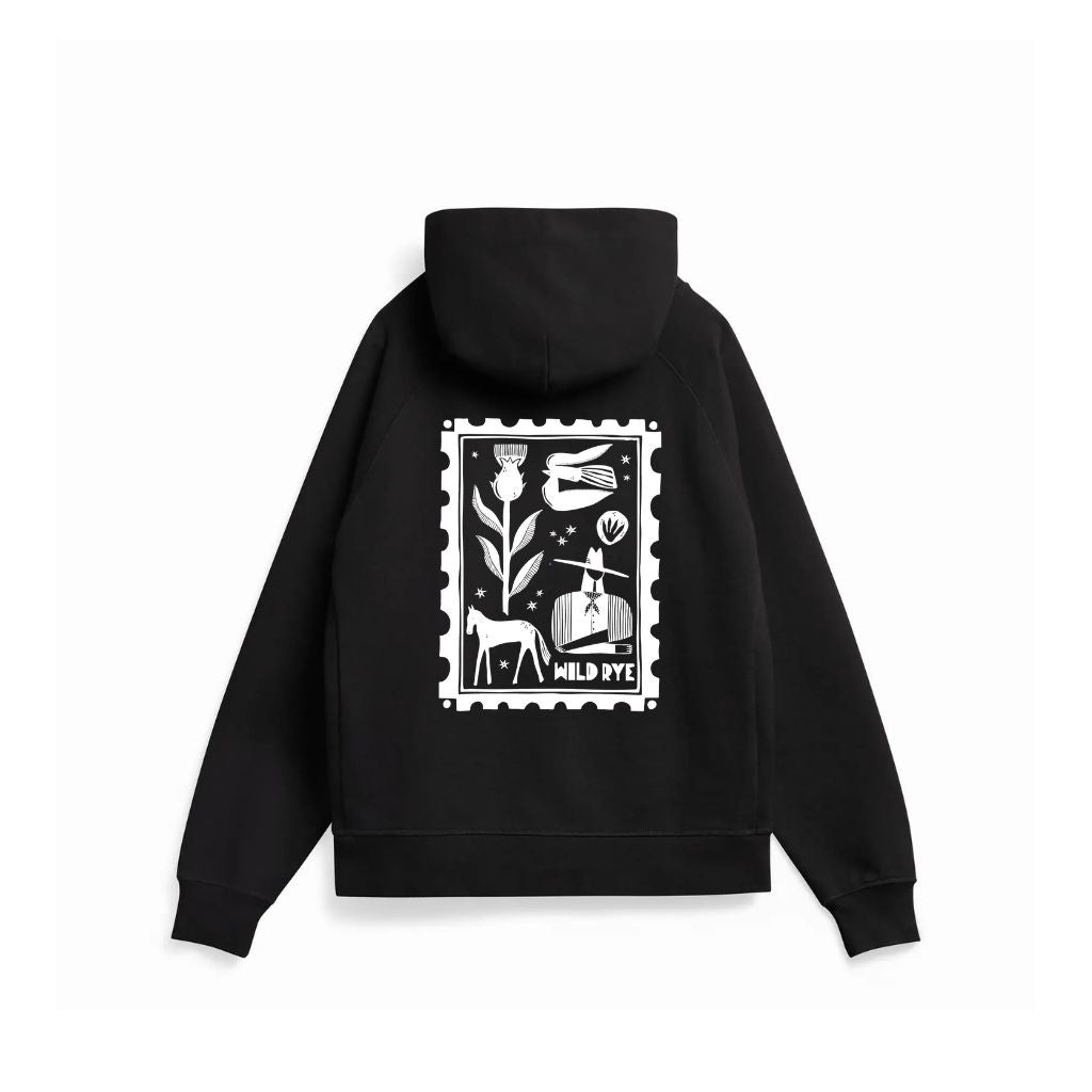 Back view of black hoodie with a white graphic design on the back 