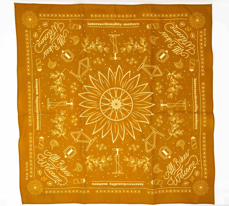 [ABW Ochre] Golden bandana with bicycle part designs, laid out