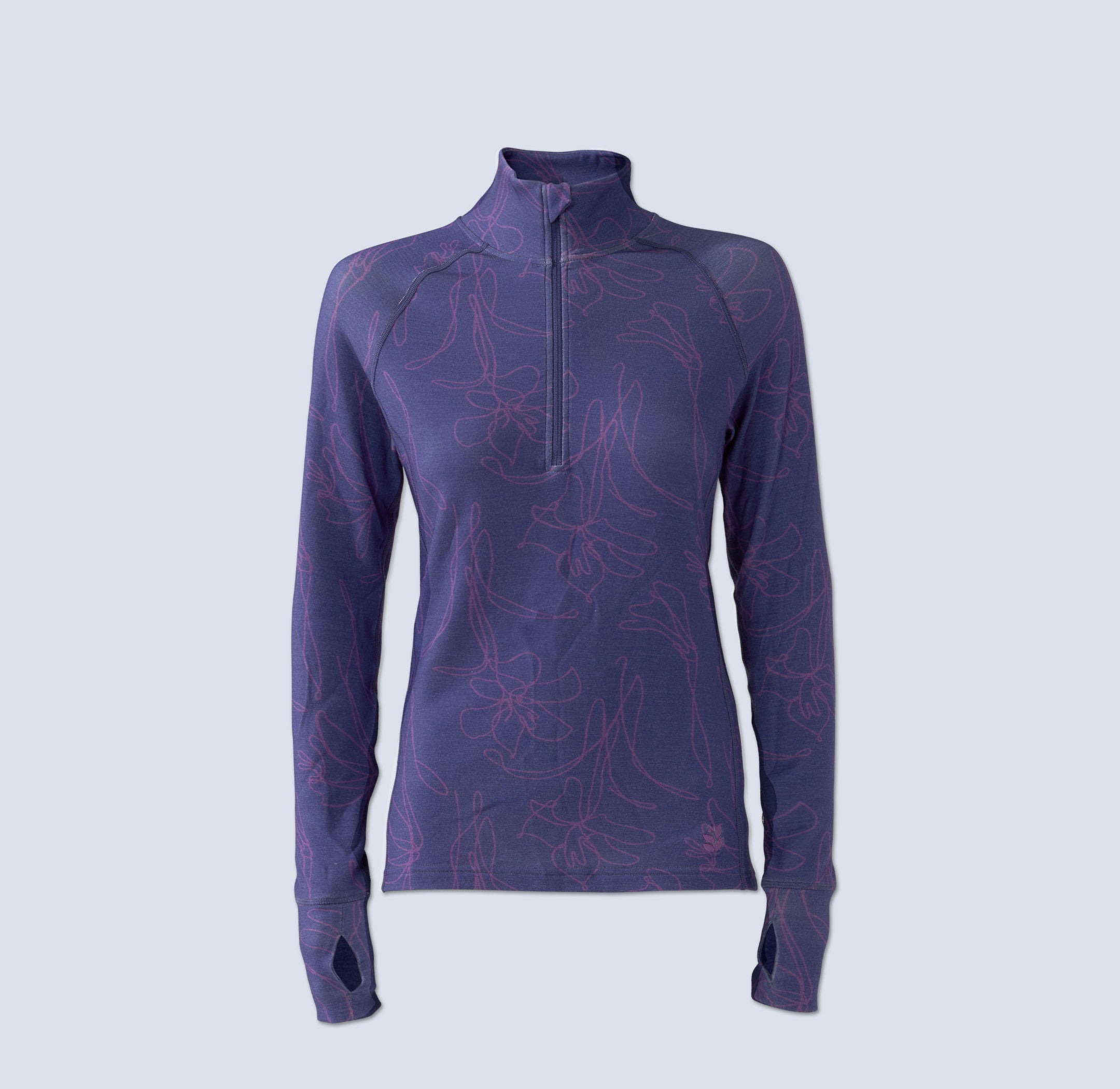 [Storm Contour] Bassett Half zip in storm purple with light purple floral pattern, flatlay