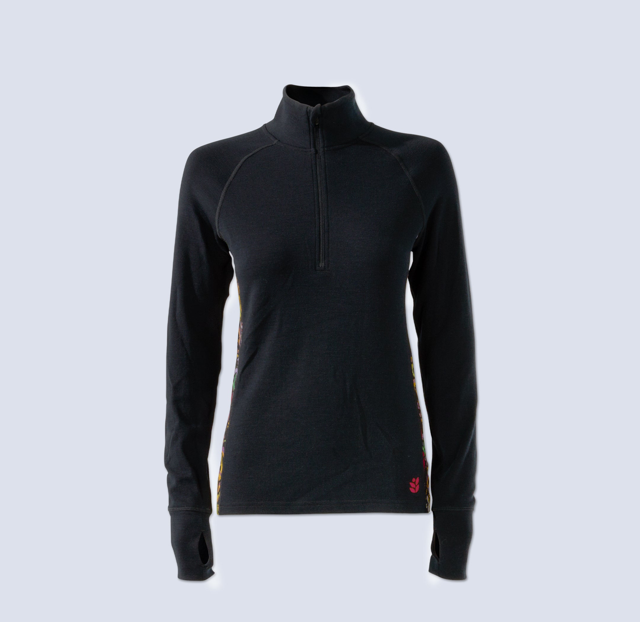 [Understory Blocked] Bassett half zip in black with understory blocked side panels, flatlay