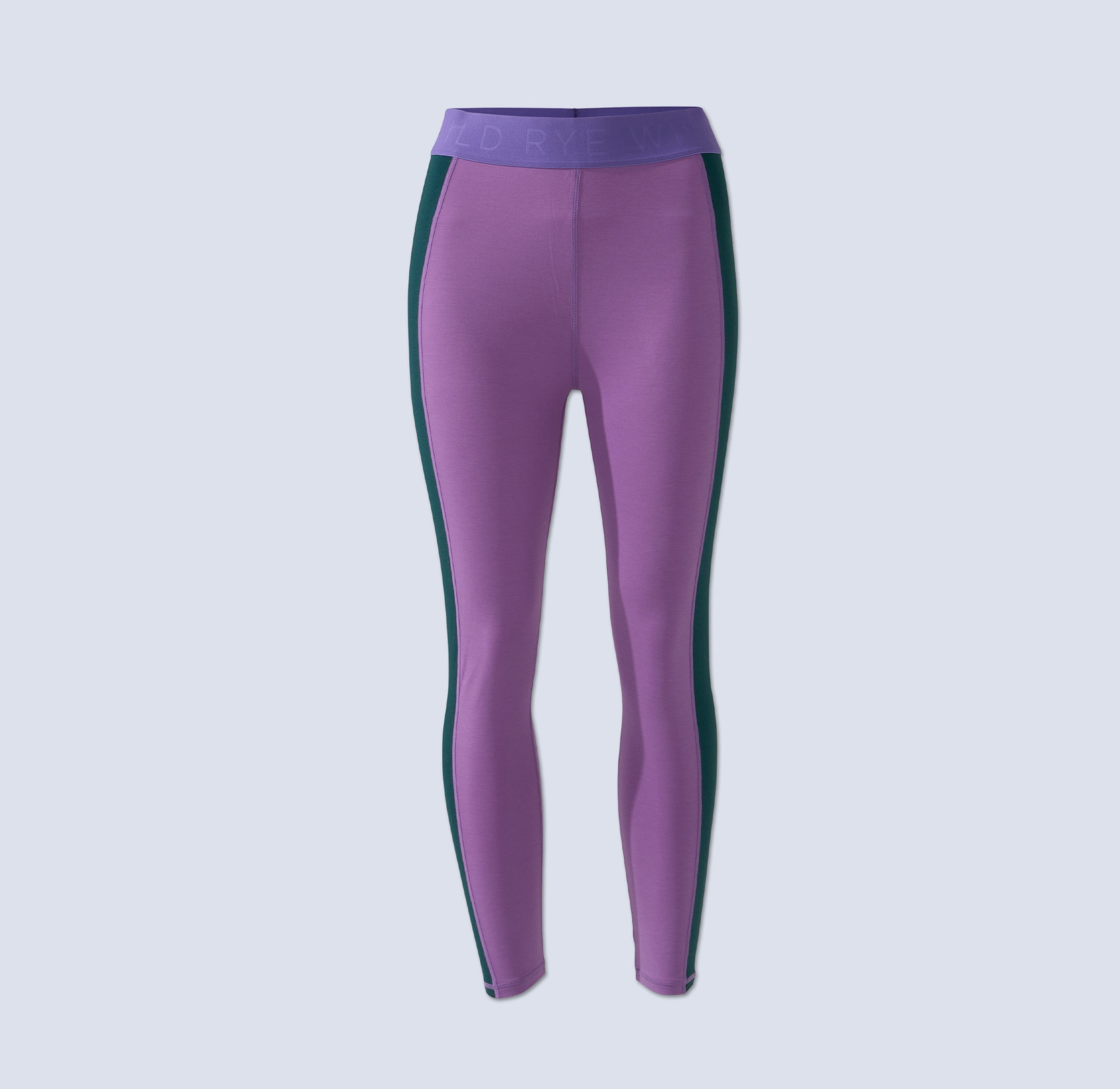 [Amethyst Blocked] Purple baselayer legging with green colorblocked stripe on each leg, flatlay