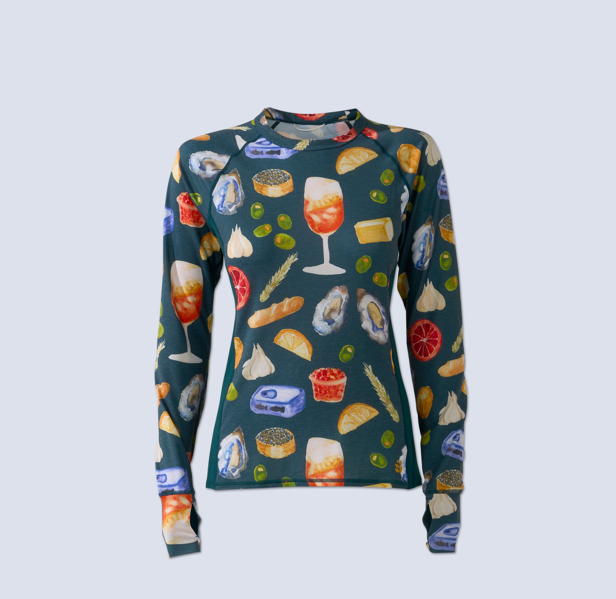[Spruce Spuntini] Bassett Raglan Lite spruce spuntini flatlay. Green with aperitivo snacks print