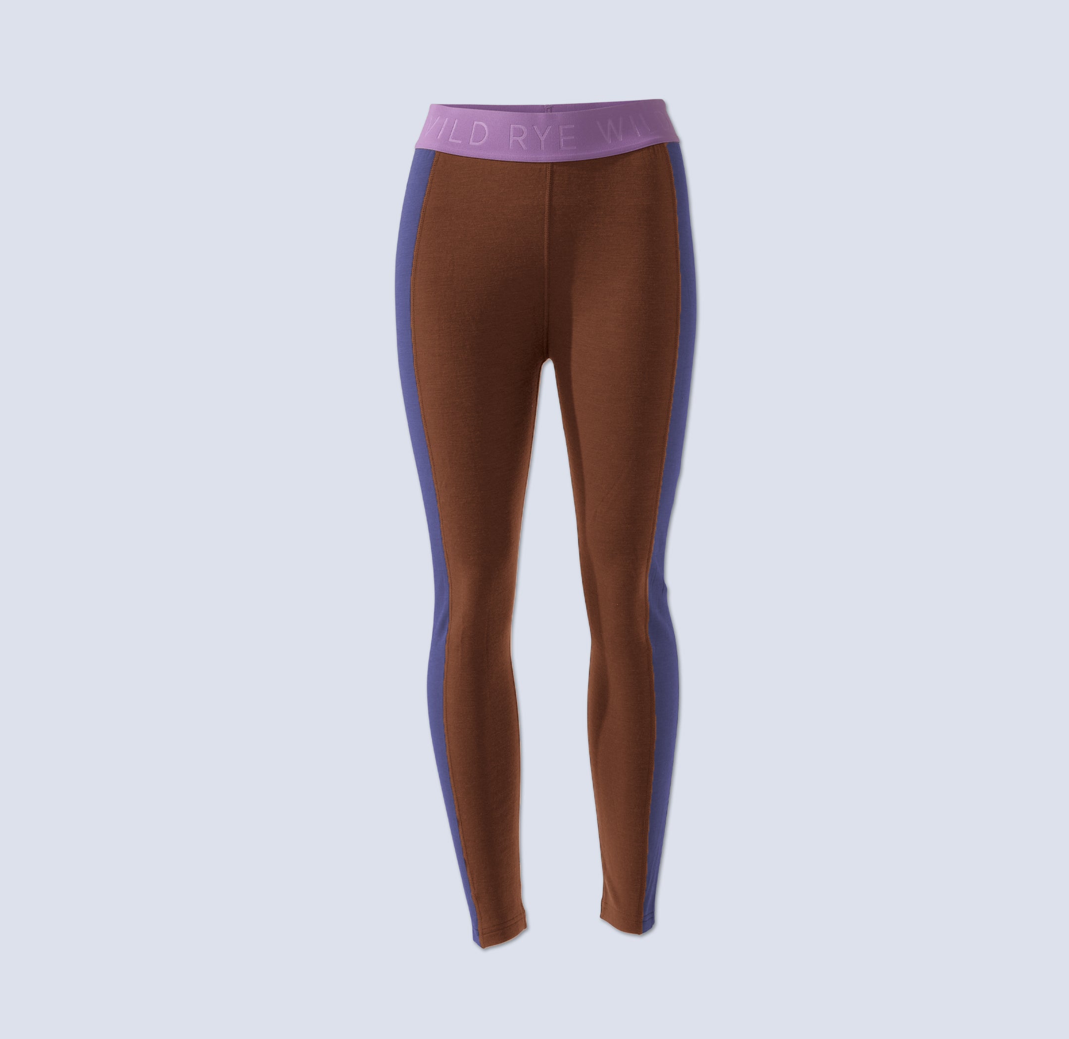 [Chestnut Storm] Brown baselayer legging with purple colorblocked stripe on each leg, flatlay