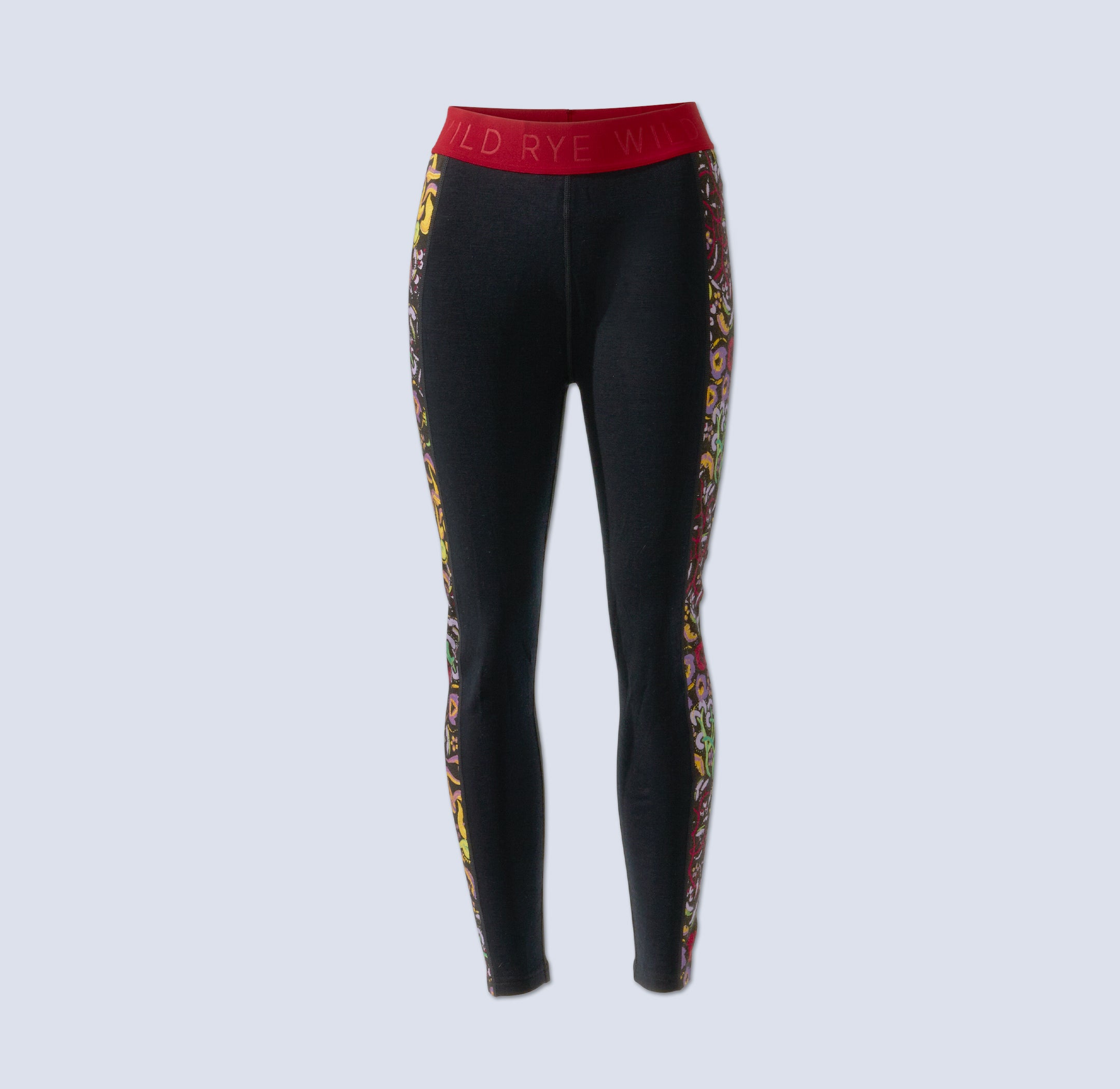 [Understory Blocked] Black baselayer legging with understory pattern stripe on each leg, flatlay