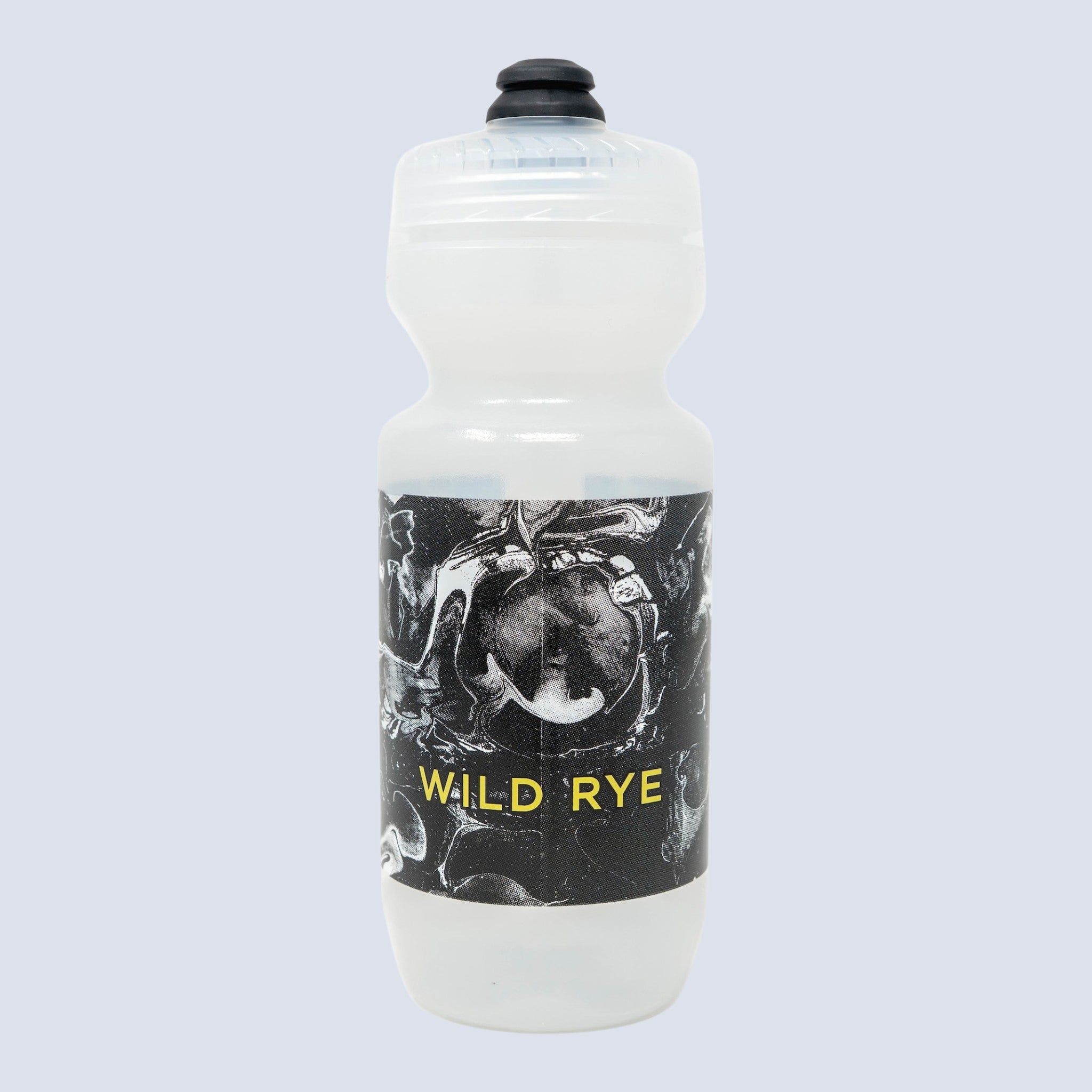 [Marble] White water bottle with black label featuring 'Wild Rye' on a light gray background