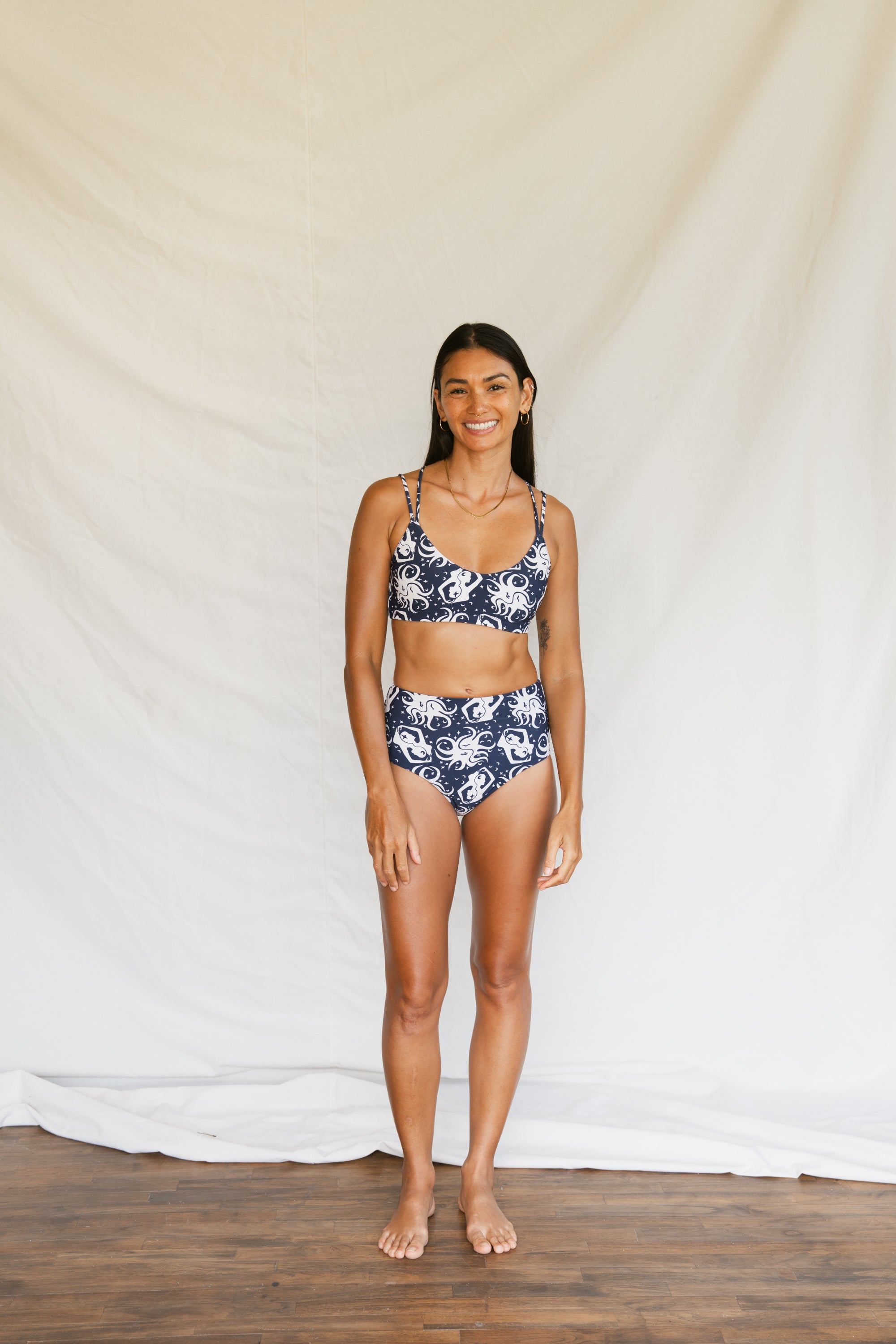 Woman wearing September Topanga Top, and lucky bottom, front full body view