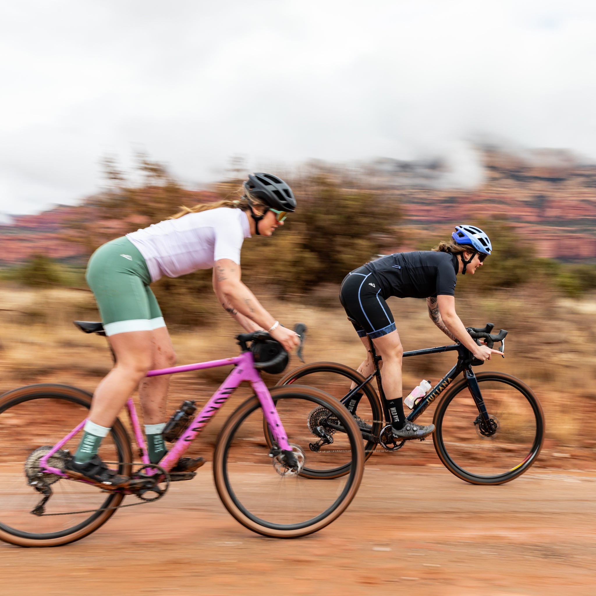 [Slate Green - Mist] Two Women Riding Gravel Bikes