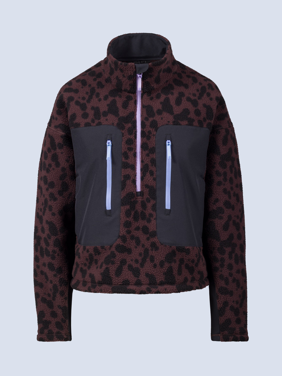 [Dapple] Banner 3/4 Zip Jacket in brown leopard-print fleece with black zip pockets and a lavender zipper pull, shown flat against a white background