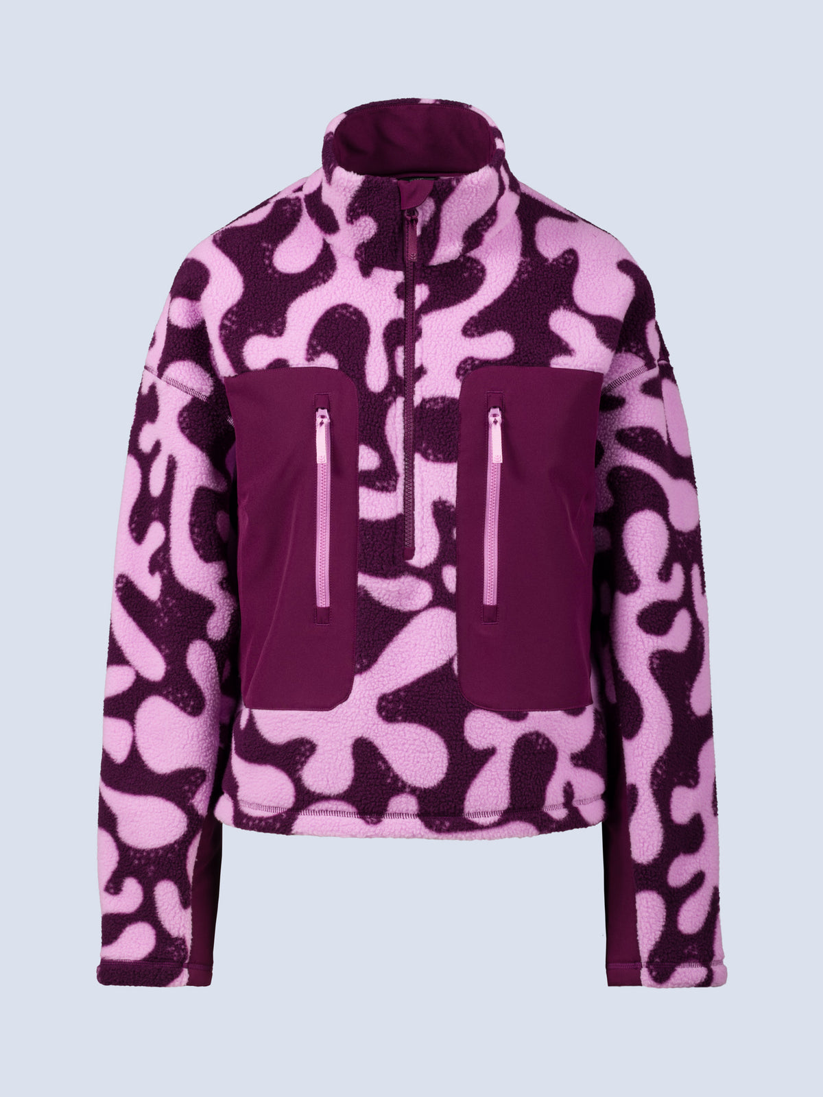 [Mulberry Reef] Banner 3/4 Zip Jacket in a purple and pink abstract-print fleece with matching zip pockets, shown flat against a white background