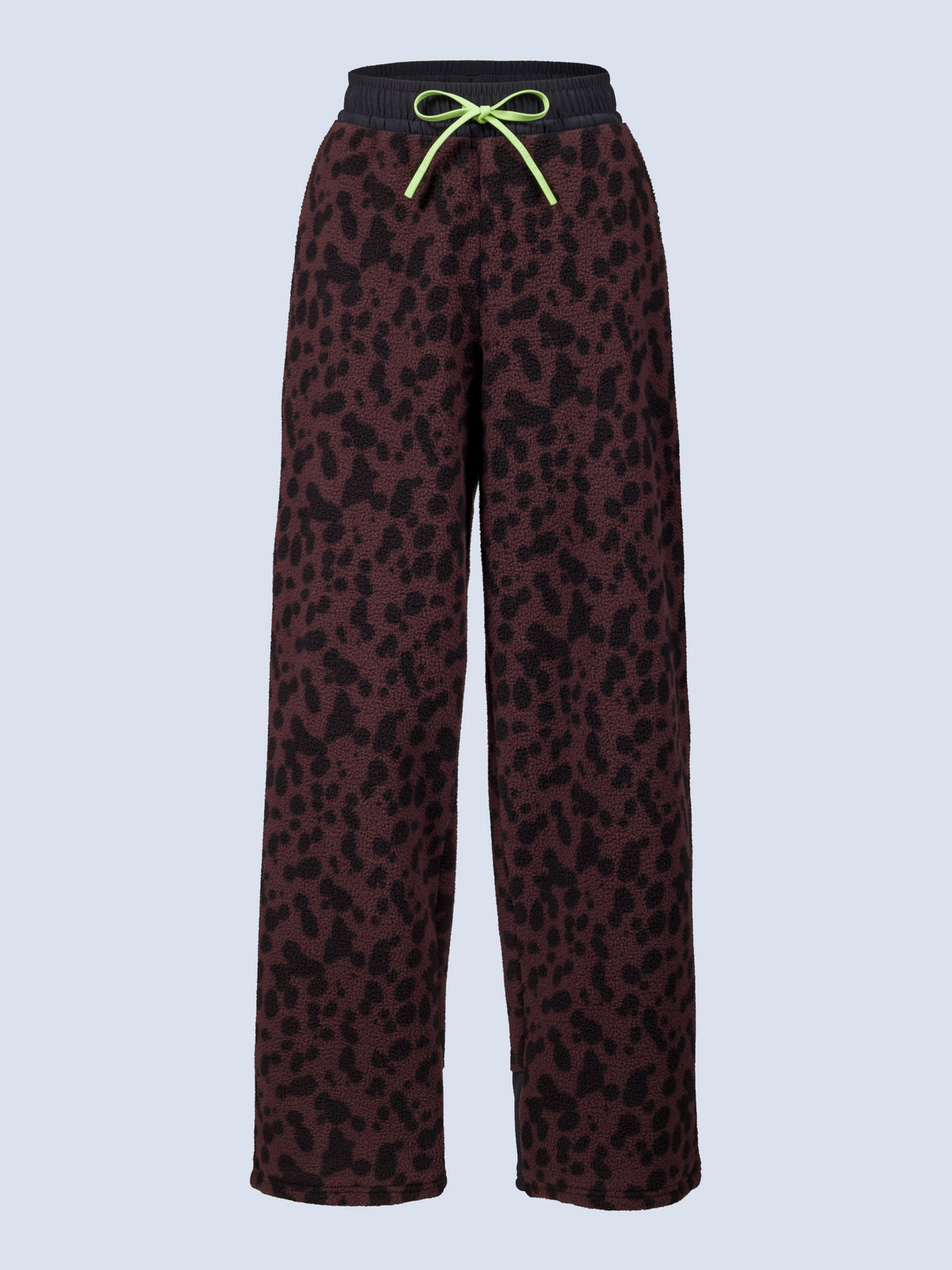 [Dapple] Banner Pant in brown leopard-print fleece with an elastic waistband and green drawstring, shown flat against a white background