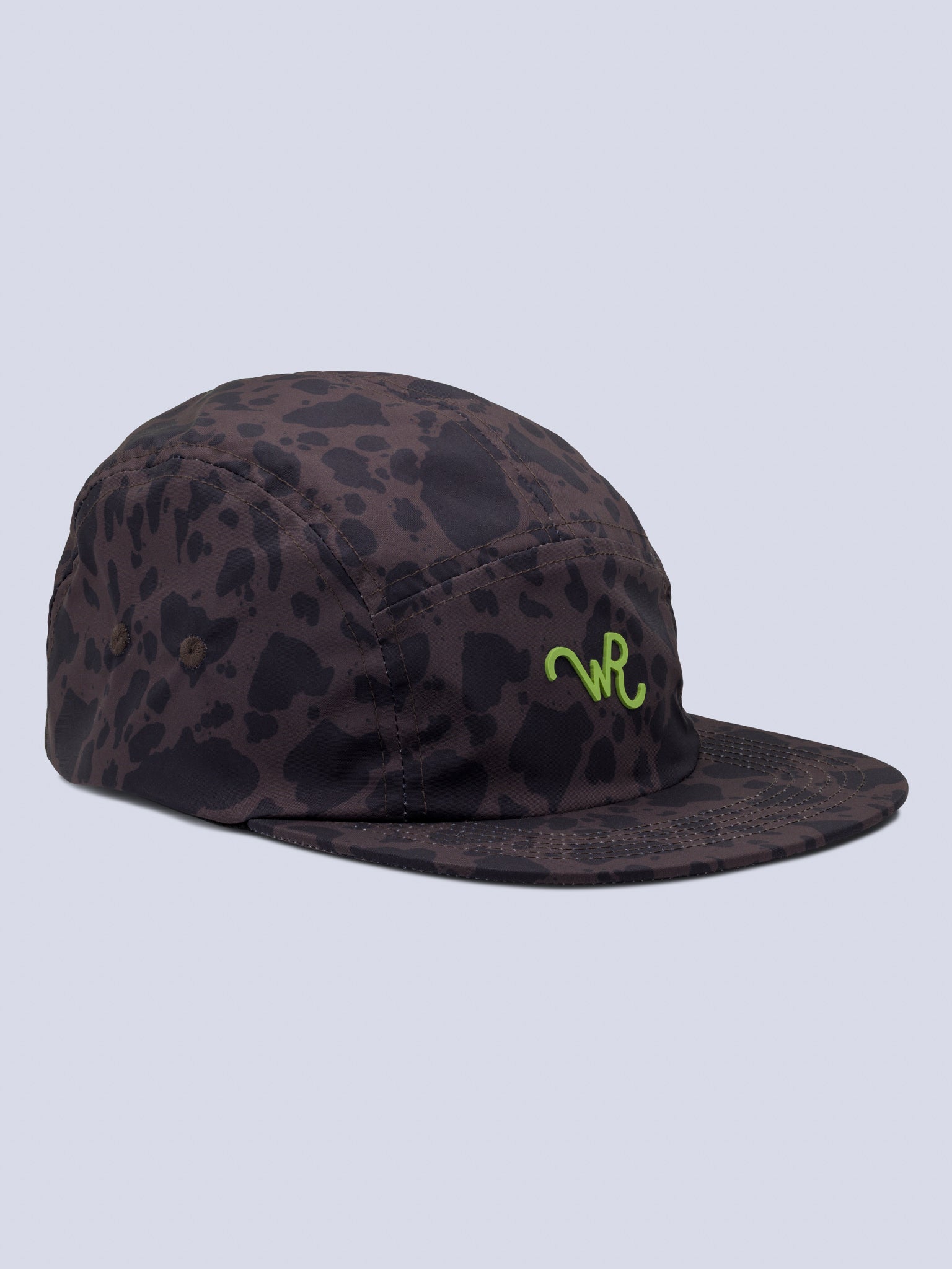 [Moo La La] Edith Brim Hat in a brown and black leopard-spot print with a green WR logo on the front panel, shown at an angle against a light background