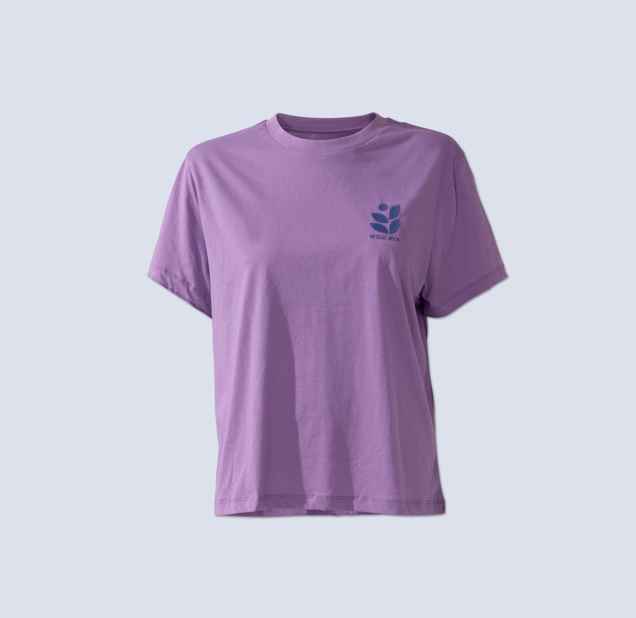Purple t-shirt with an embroidered wild rye logo on chest