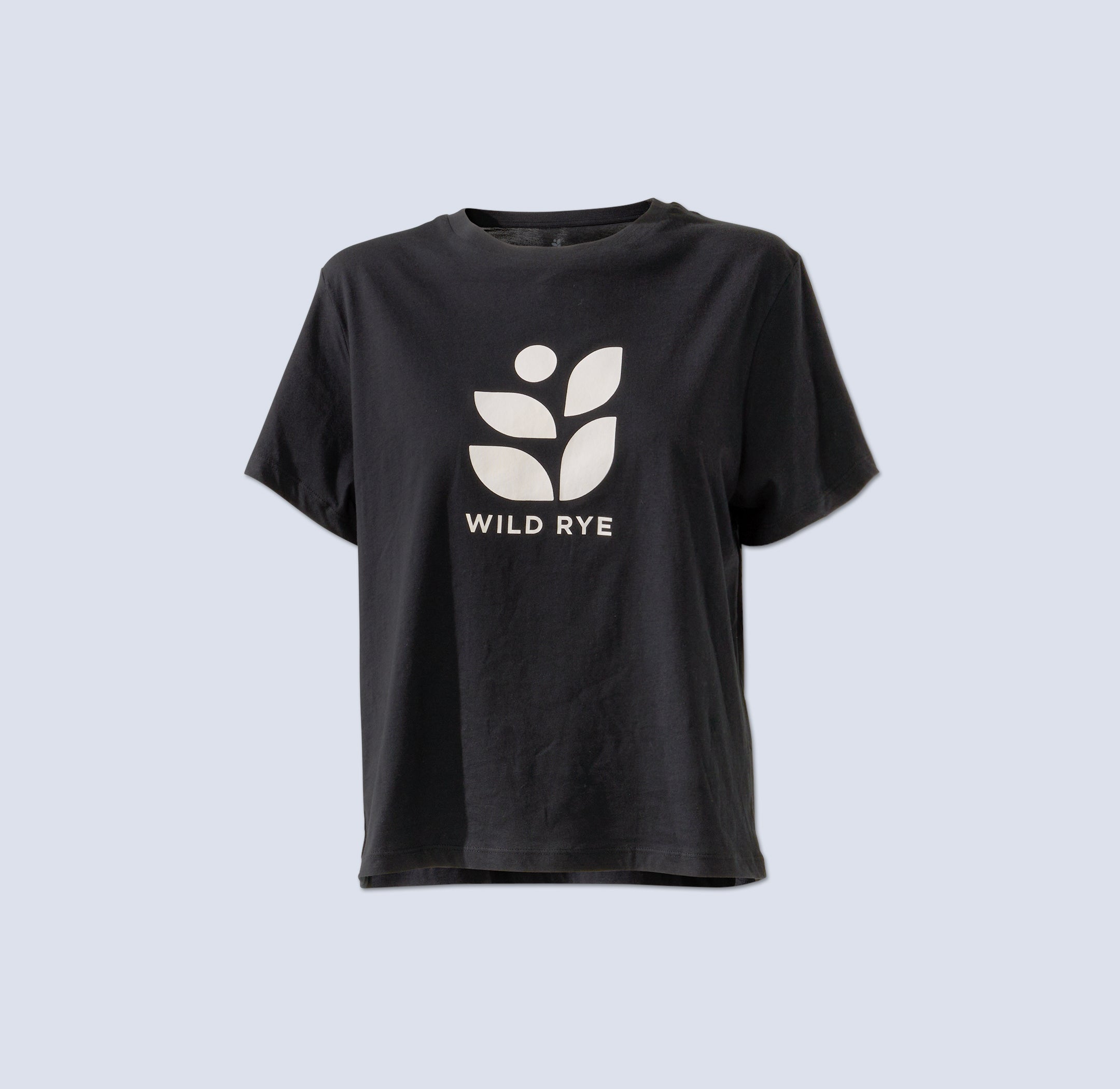 Black t-shirt with large white 'Wild Rye' logo printed on front
