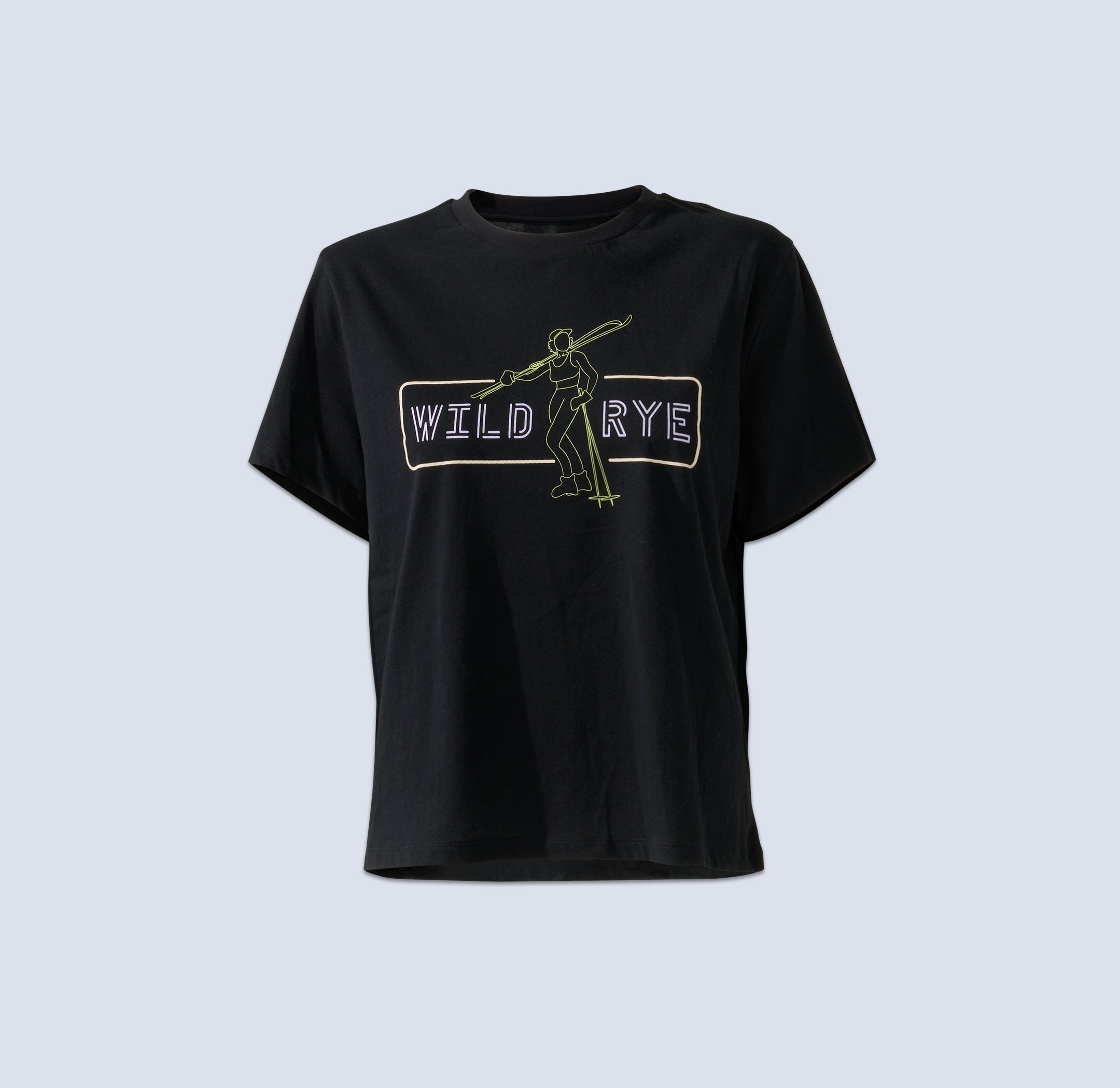 Black t-shirt with 'Wild Rye' text and a graphic of a skier on the front