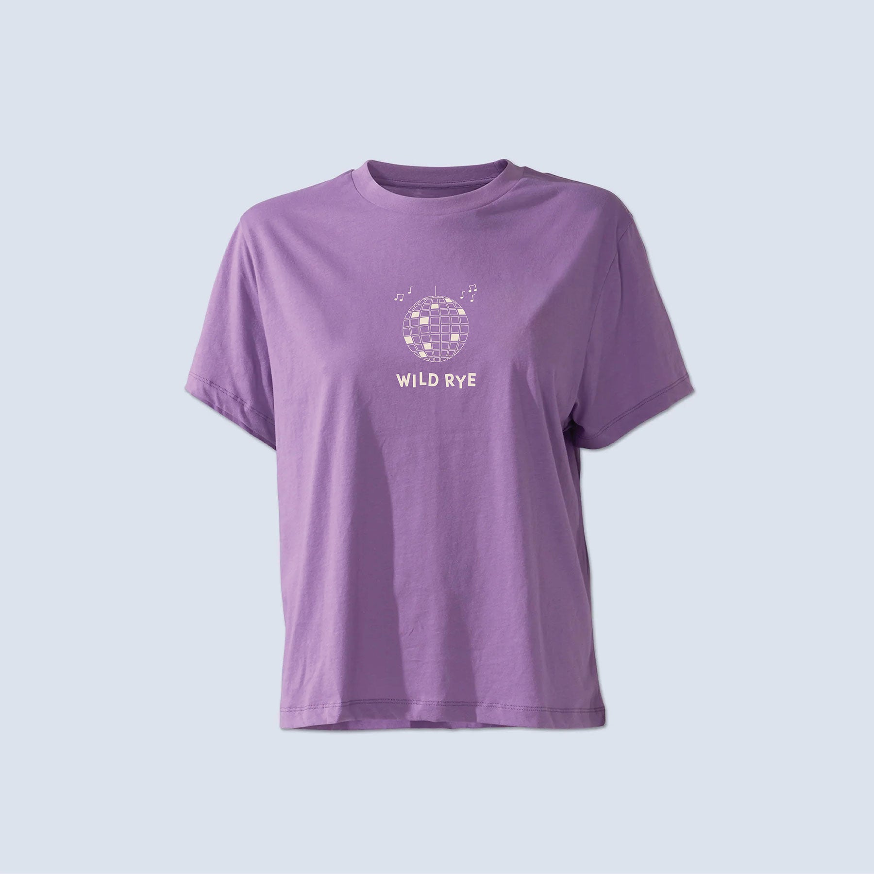 Purple t-shirt with 'WILD RYE' logo and disco ball