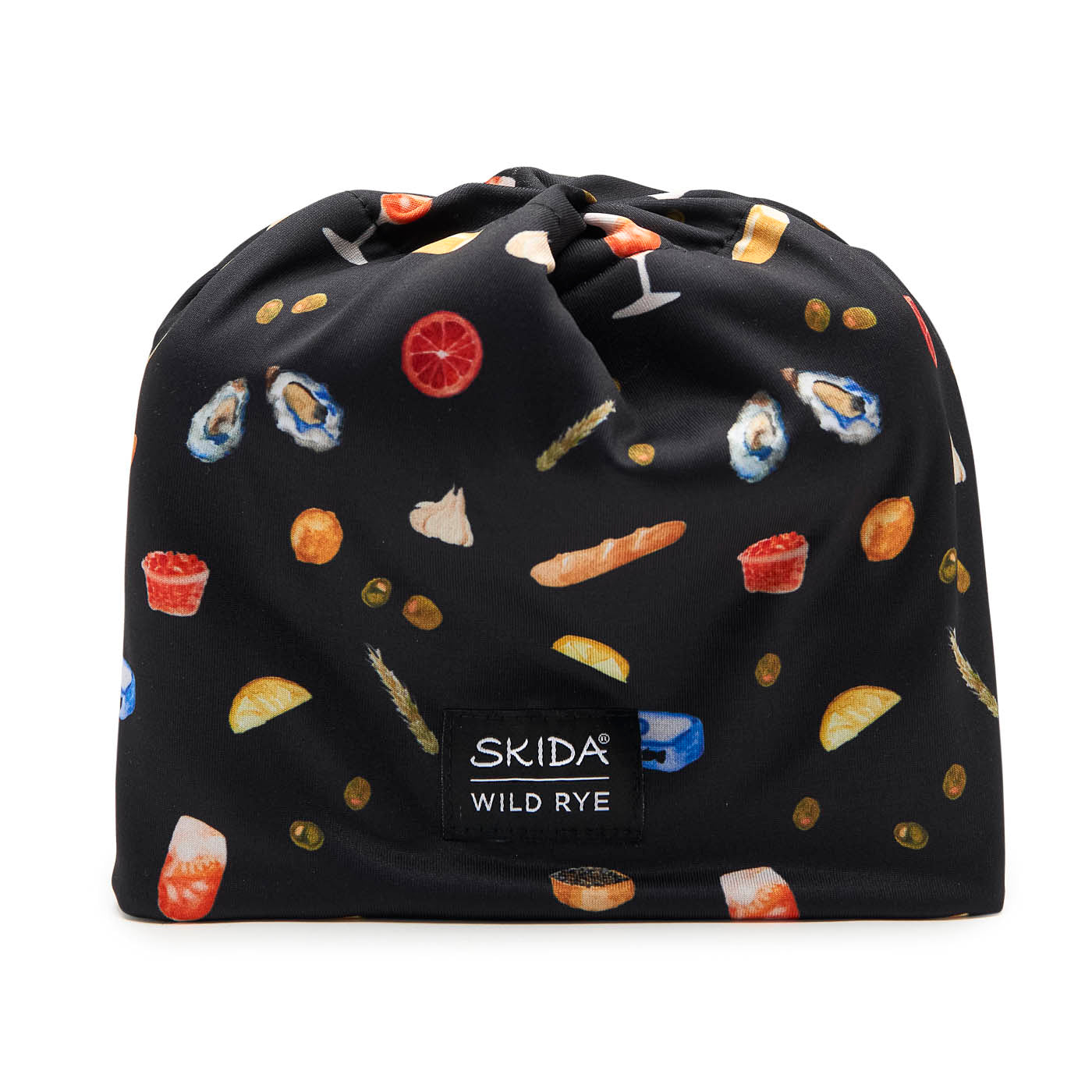 Black fleece lined hat with food pattern and 'Skida' branding