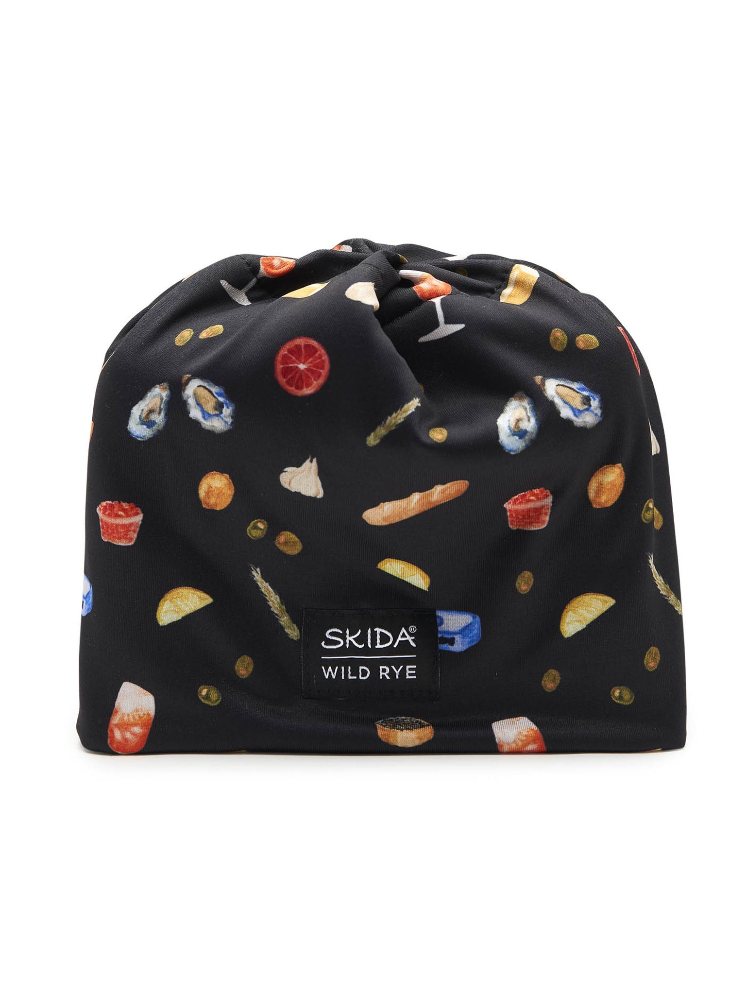 Black fleece lined hat with food pattern and 'Skida' branding