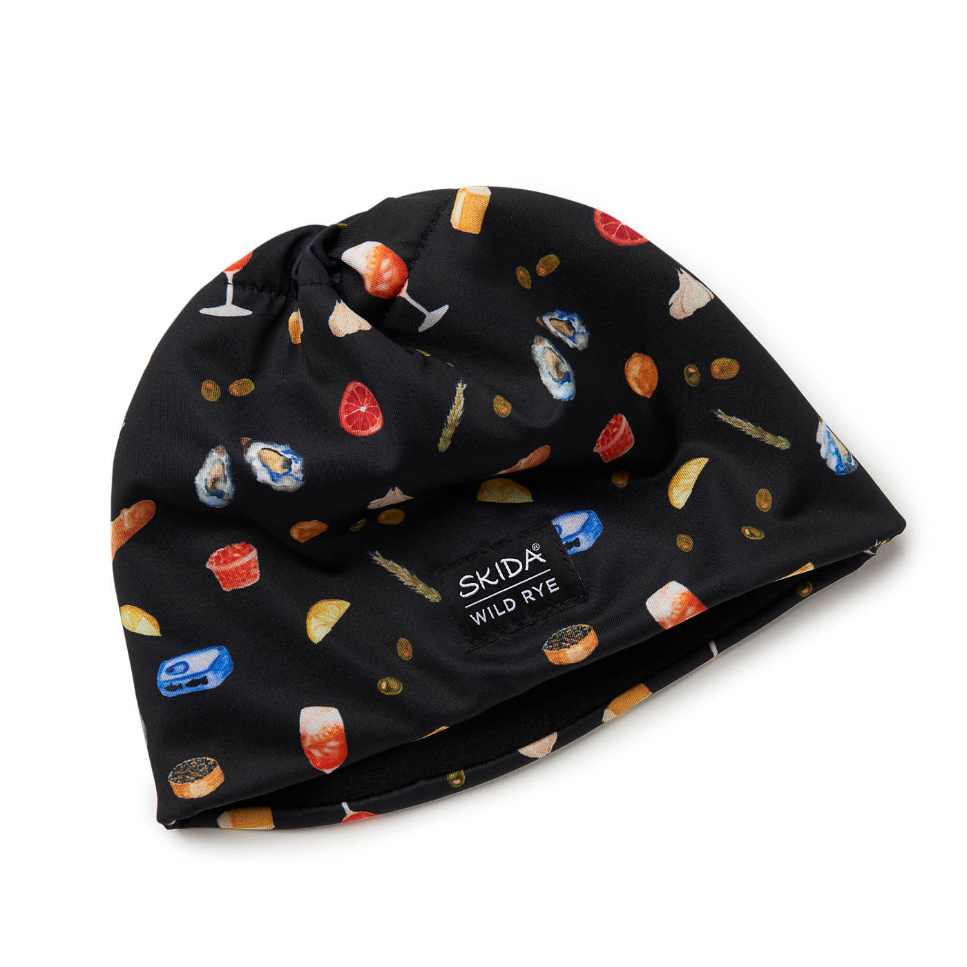 Black fleece lined hat with food pattern and 'Skida' branding showing fleece lining inside