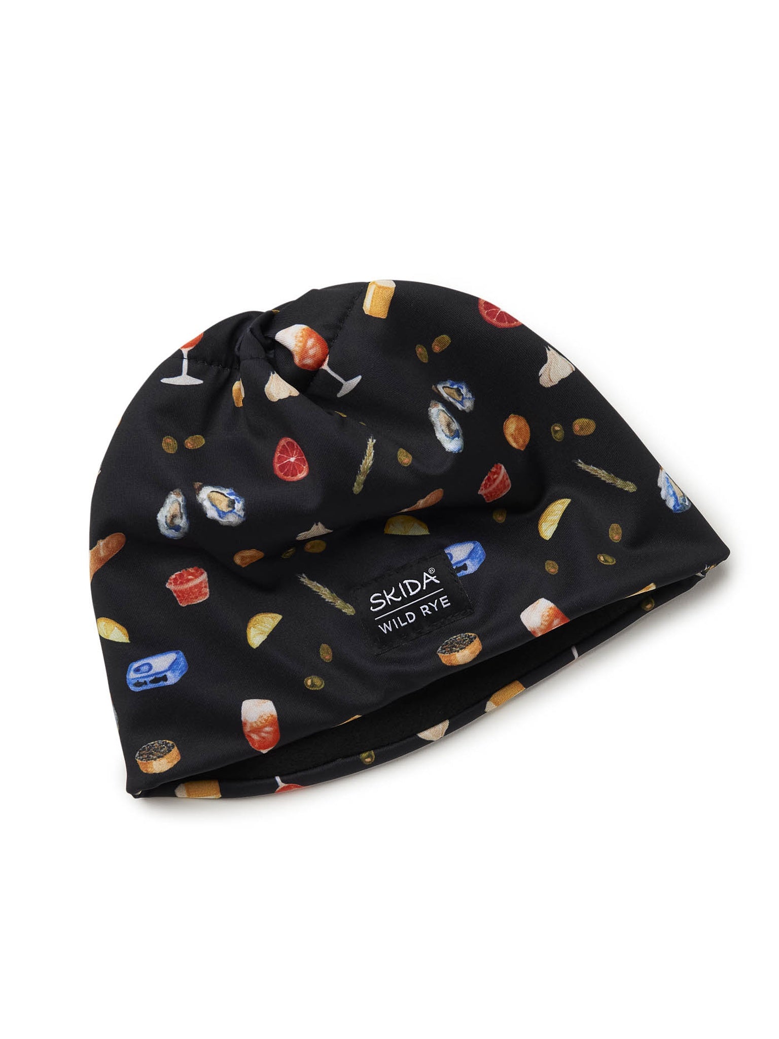 Black fleece lined hat with food pattern and 'Skida' branding showing fleece lining inside