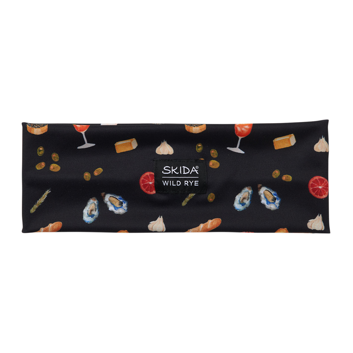 Black headband with food-themed pattern and 'Skida' branding on a white background