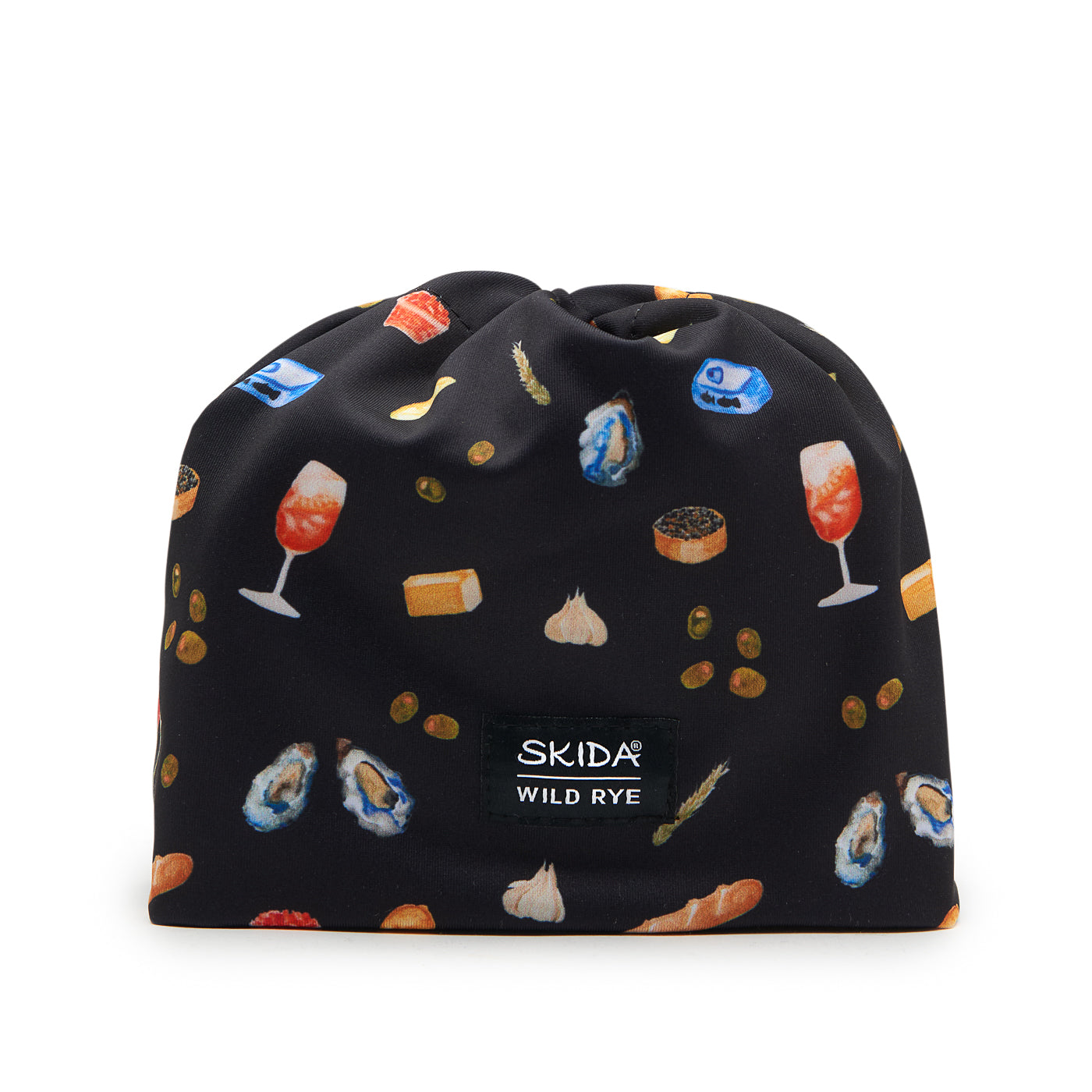 Black beanie with food-themed pattern and Skida logo 