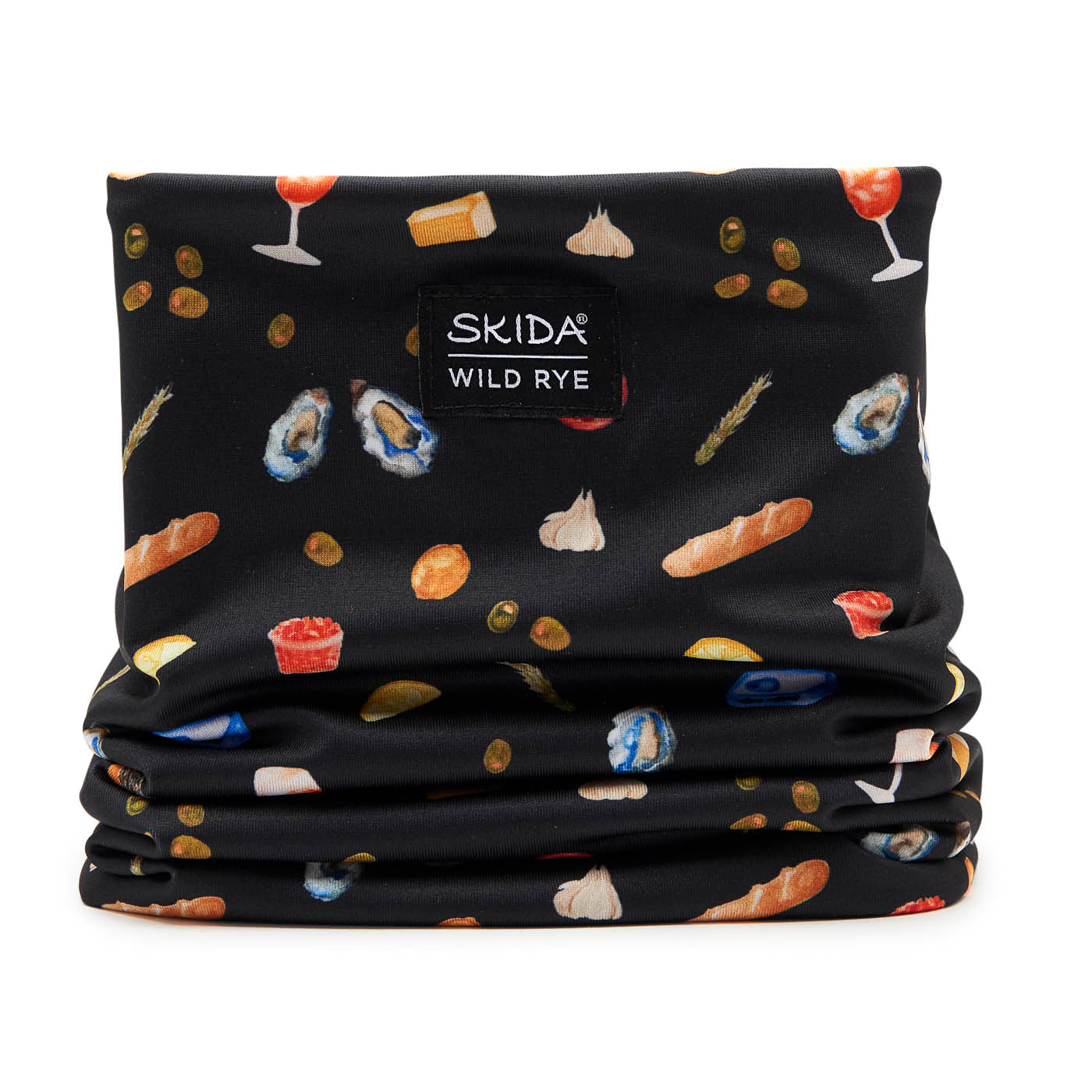 Black neck gaiter with food pattern and Skida logo 