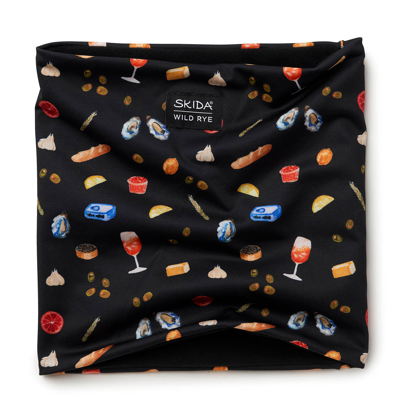 Black neck gaiter with food pattern and Skida logo, showing inside fleece lining