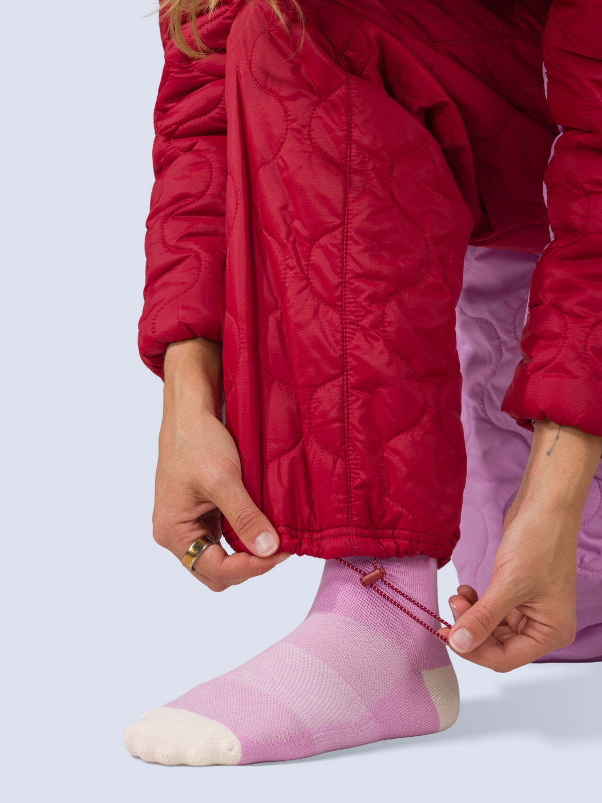[Ruby Blocked] Payette Pant in ruby blocked hem cinch detail