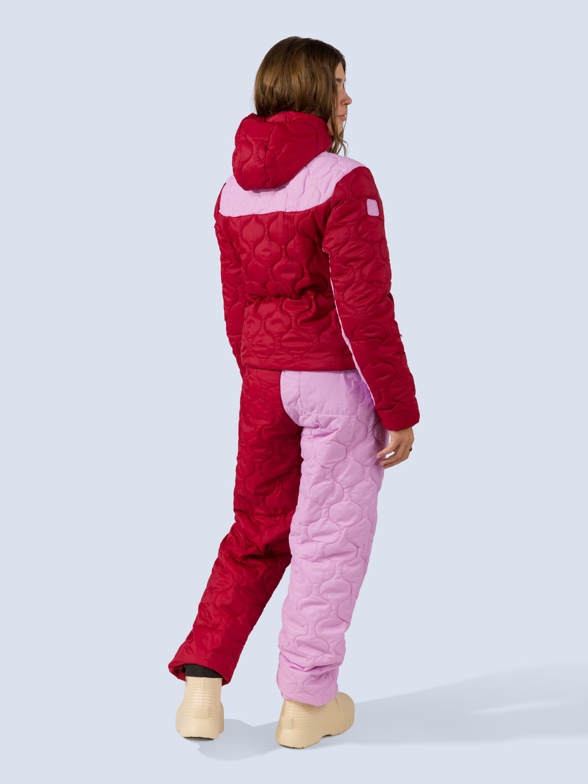 [Ruby Blocked] Braxon Hoodie in ruby blocked, on model back 3/4 view