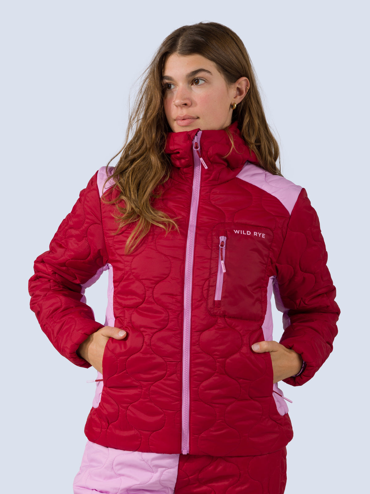 [Ruby Blocked] Braxon Hoodie in ruby blocked, on model front crop view